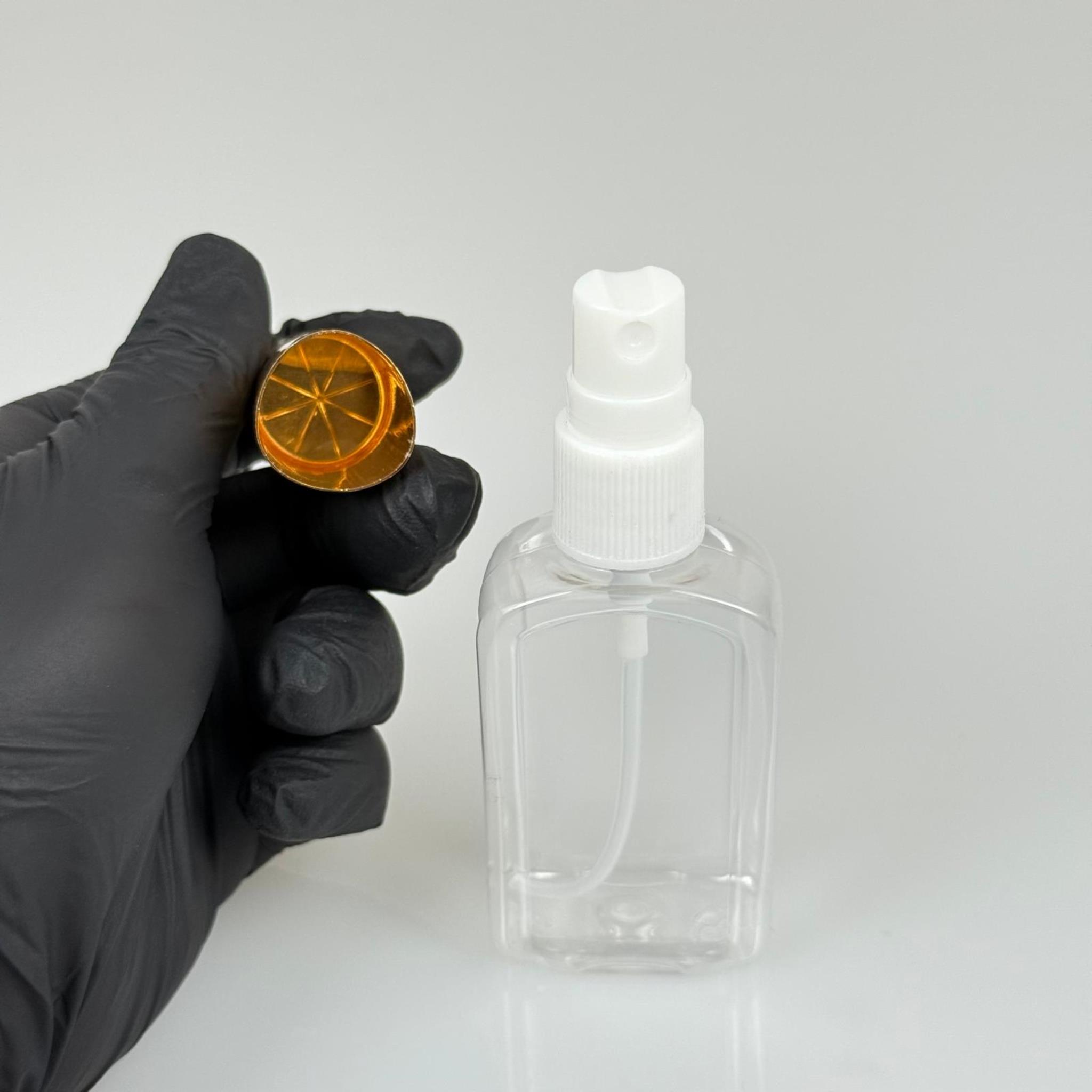 50 ML PET KOLONYA, PARFÜM VB ŞİŞELERİ - METAL ALÜMİNYUM GOLD KAPAK + VİDALI SPREY + 50 CC KÖŞELİ YASSI ŞİŞE SET TAKIM