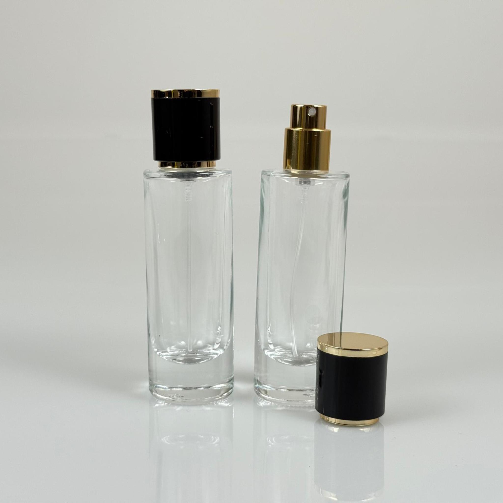 30 ML SİLİNDİR UZUN MODEL PARFÜM ŞİŞESİ - GOLD METAL SPREYLİ + GOLD SİYAH KAPAKLI (AĞIZ 15 MM GEÇME KOLAY KAPAMA)