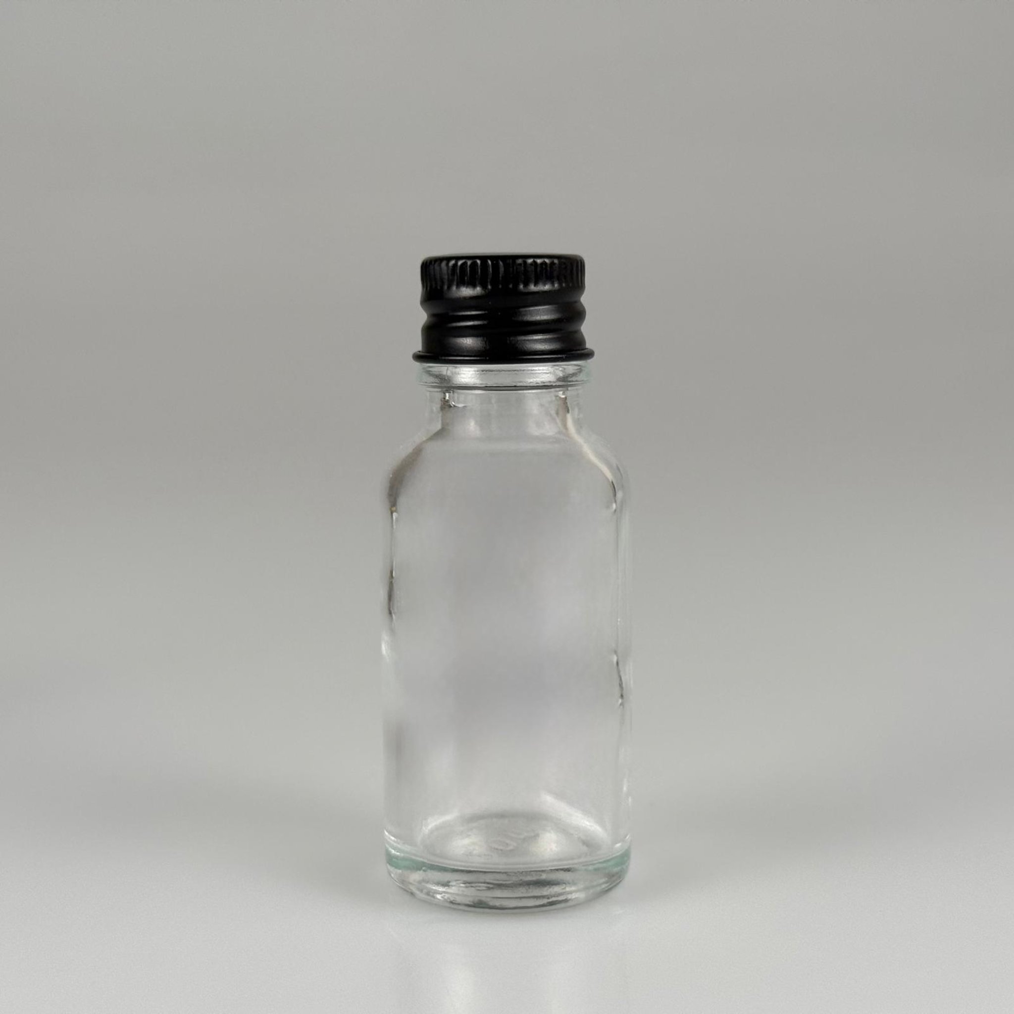 20 CC ŞEFFAF CAM ŞİŞE + KÖPÜK CONTALI SİYAH ALÜMİNYUM METAL KAPAKLI TAKIM - 20 ML ŞEFFAF CAM ŞİŞE