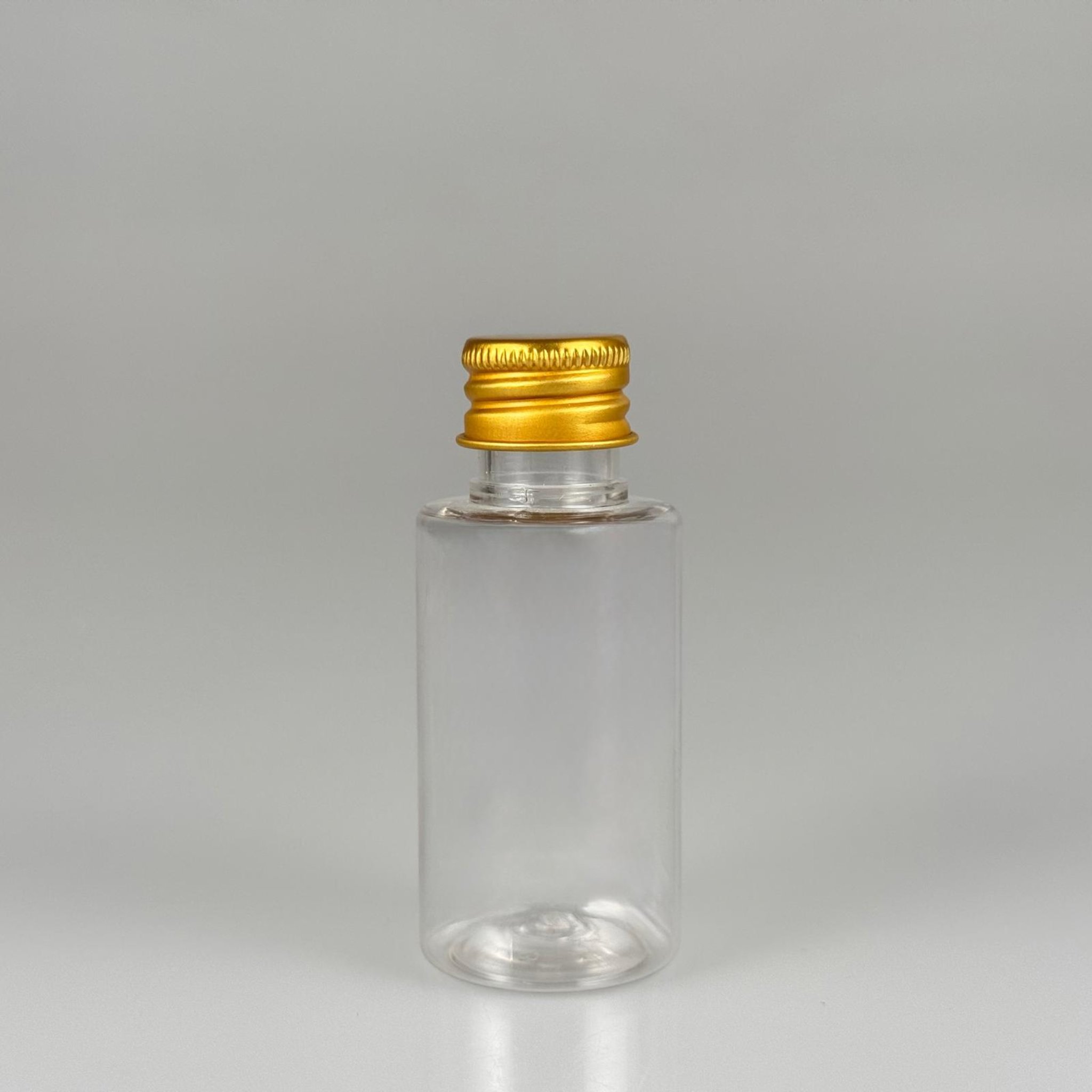 30 CC SİLİNDİR KISA MODEL PET ŞİŞE - KÖPÜK CONTALI GOLD ALÜMİNYUM METAL KAPAKLI TAKIM - 30 ML ŞEFFAF PET ŞİŞE