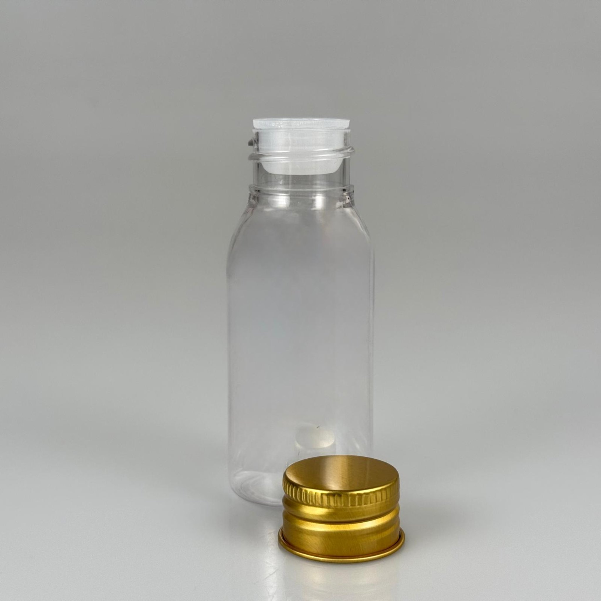 50 CC SERT PLASTİK ŞİŞE (24 AĞIZ) + KÖPÜK CONTALI GOLD METAL ALÜMİNYUM KAPAK + KOLONYA TIPALI TAKIM - 50 ML KAPAKLI PLASTİK ŞİŞELER