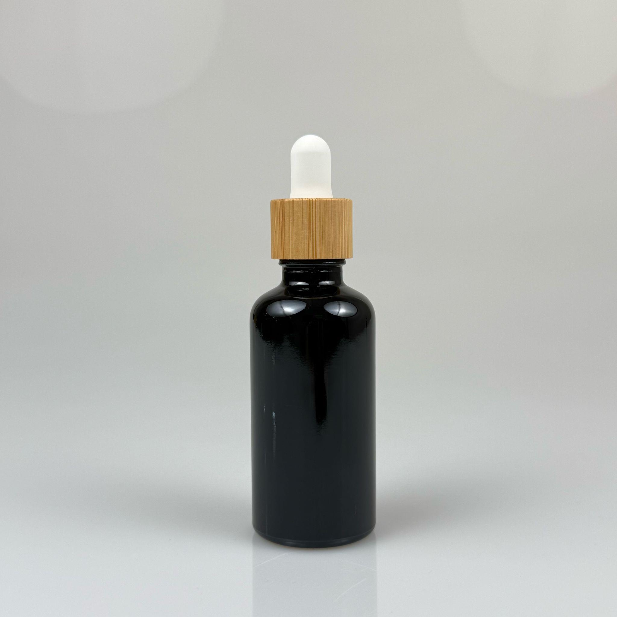 50 CC ORJİNAL SİYAH CAM DAMLALIKLI ŞİŞE - BEYAZ EMZİK - BAMBU AHŞAP KAPAK - 50 ML BAMBU KAPAKLI CAM DAMLALIKLI ŞİŞE