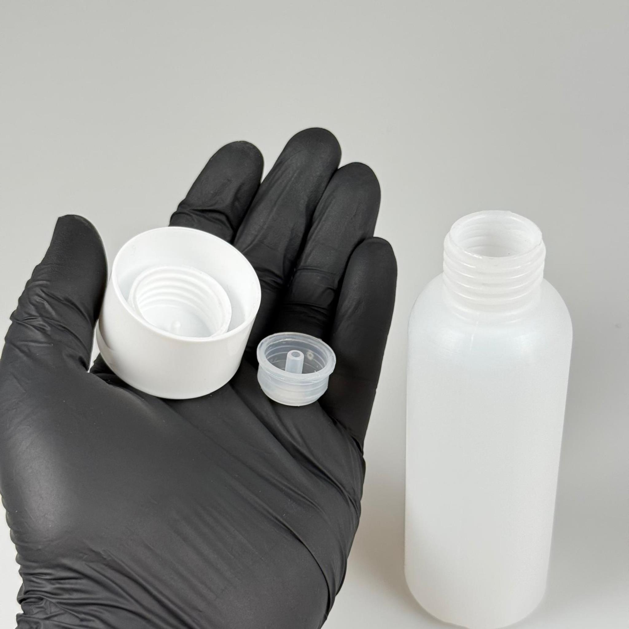 100 CC NATÜREL SERT POLİETİLEN ŞİŞE + BEYAZ GENİŞ PLASTİK KAPAKLI ( 24 MM ) + PLASTİK TIPALI - 100 ML SERT POLİETİLEN ASETON ŞİŞESİ