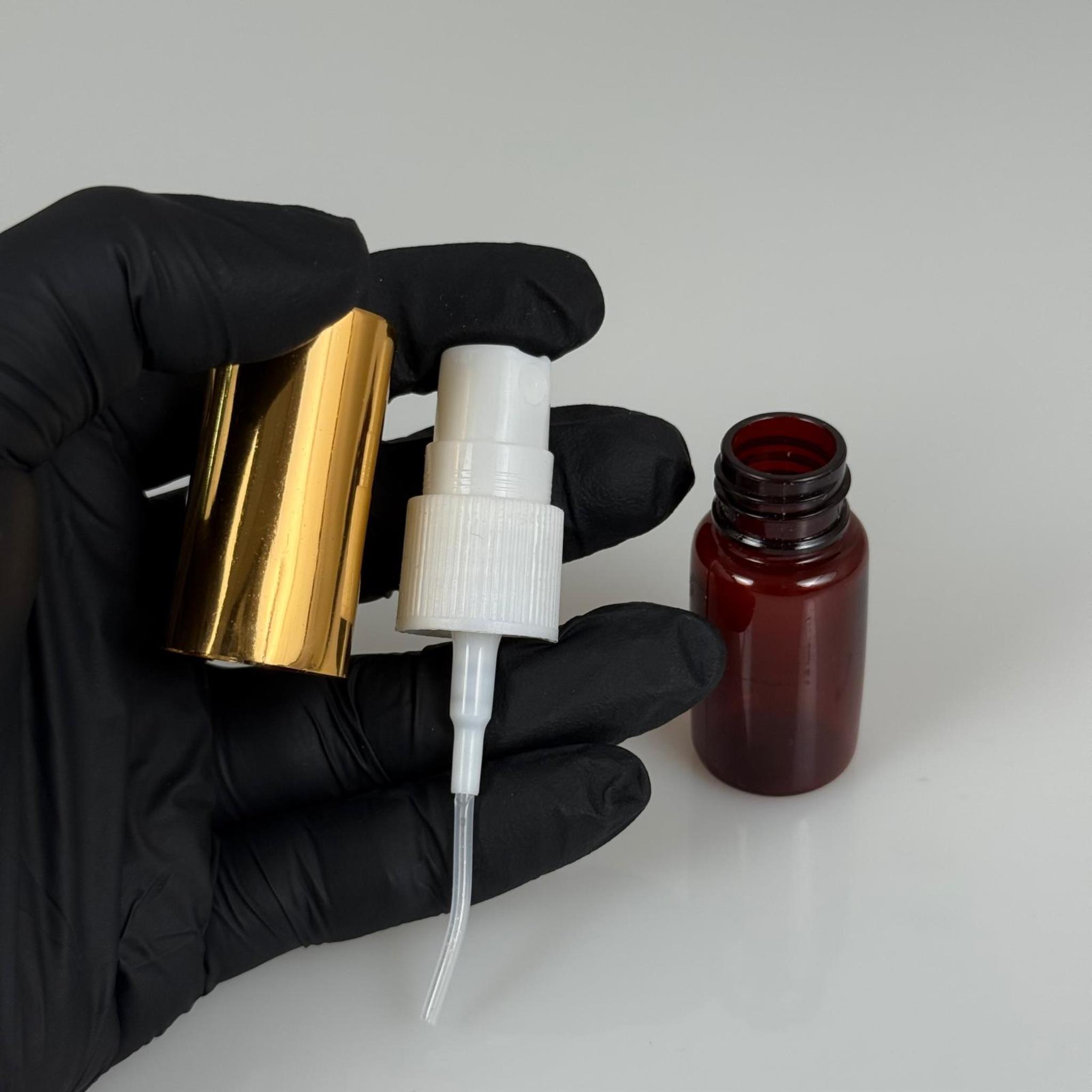 10 ML PET KOLONYA, PARFÜM VB ŞİŞELERİ - METAL ALÜMİNYUM GOLD KAPAK + VİDALI SPREY + 10 CC AMBER SHOT ŞİŞE SET TAKIM