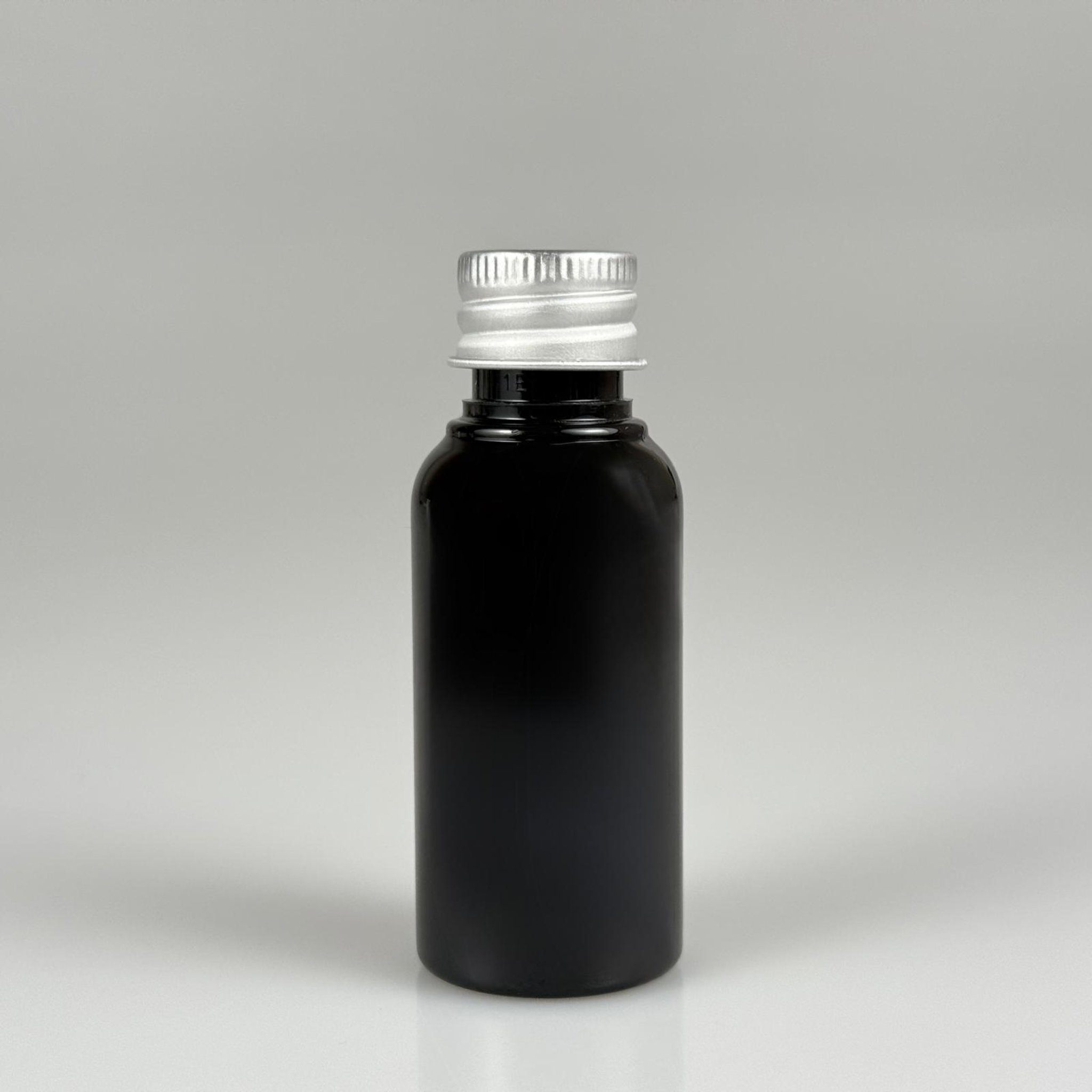 30  CC SİYAH SERT PET ŞİŞE + KÖPÜK CONTALI GÜMÜŞ ALÜMİNYUM METAL KAPAKLI TAKIM - 30 ML SİYAH PLASTİK ŞİŞE