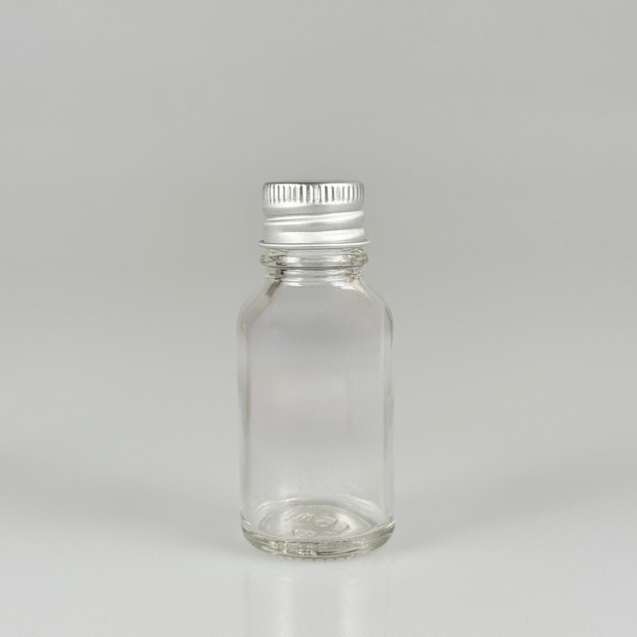 15 CC ŞEFFAF CAM ŞİŞE + KÖPÜK CONTALI GÜMÜŞ ALÜMİNYUM METAL KAPAKLI TAKIM - 15 ML ŞEFFAF CAM ŞİŞE