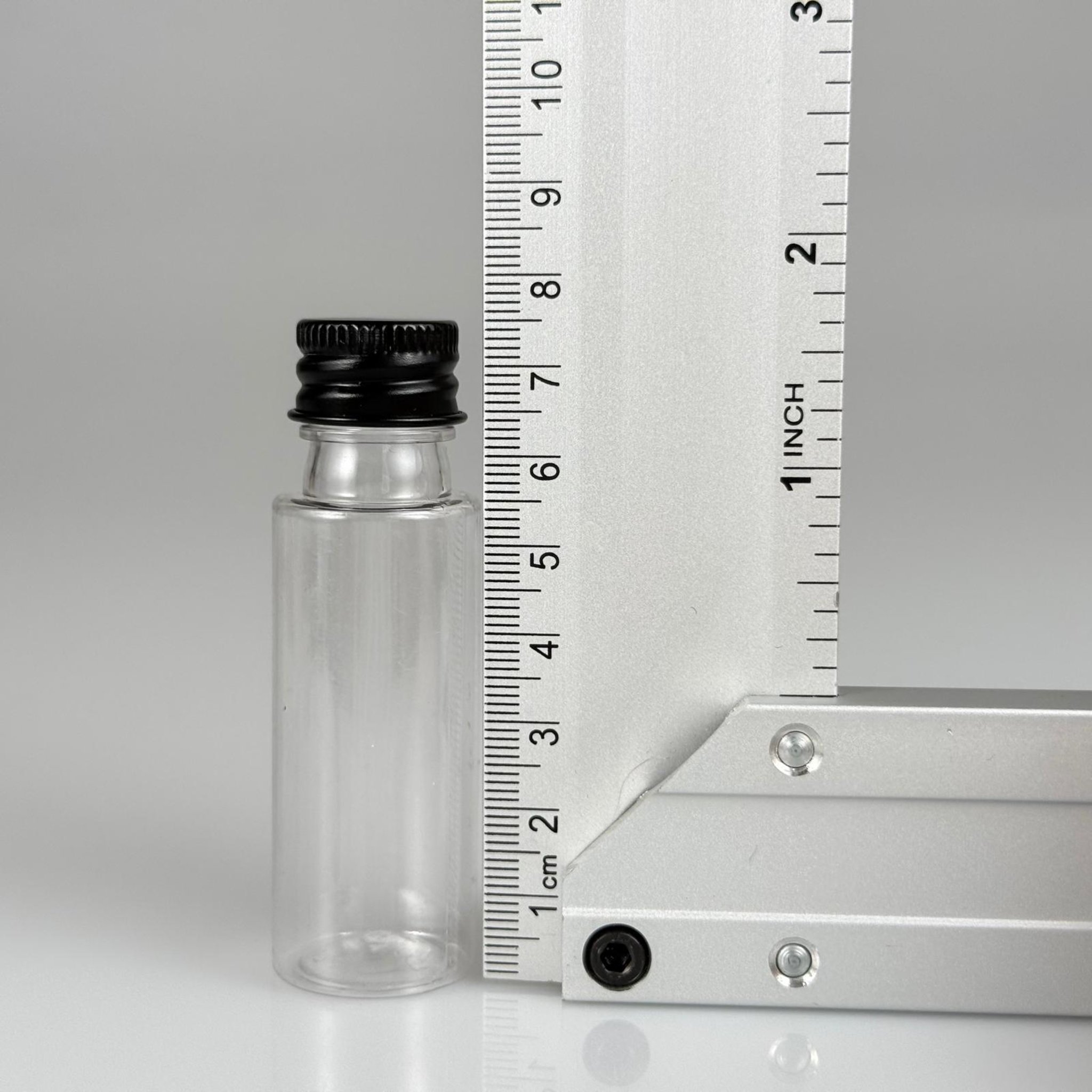 20 CC ŞEFFAF PET ŞİŞE + KÖPÜK CONTALI SİYAH ALÜMİNYUM METAL KAPAKLI + KÖR TIPALI TAKIM - 20 ML PLASTİK ŞİŞE
