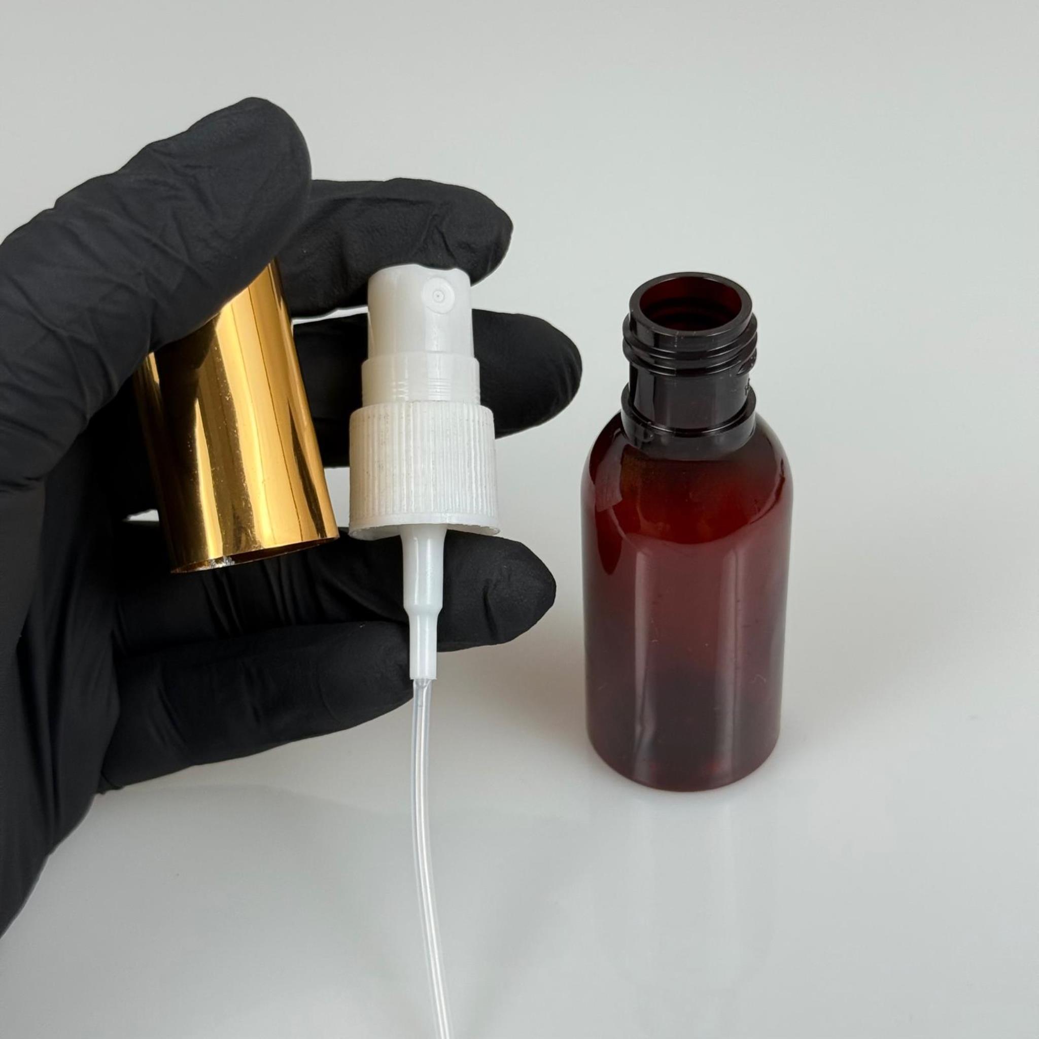 35 ML PET KOLONYA, PARFÜM VB ŞİŞELERİ - METAL ALÜMİNYUM GOLD KAPAK + VİDALI SPREY + 35 CC AMBER ŞİŞE SET TAKIM