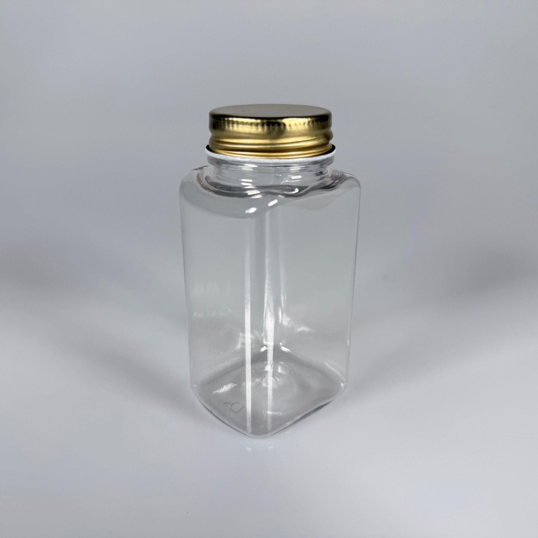 BAHARAT, TOZ, KAHVE, SAHLEP VB MUTFAK DÜZENLEME İÇİN KARE PLASTİK MİNİ KAVANOZLAR - 150 ML -  RAF DÜZENLEYİCİ GIDAYA UYGUN KÖŞELİ GOLD METAL KAPAKLI PET KAVANOZLARI