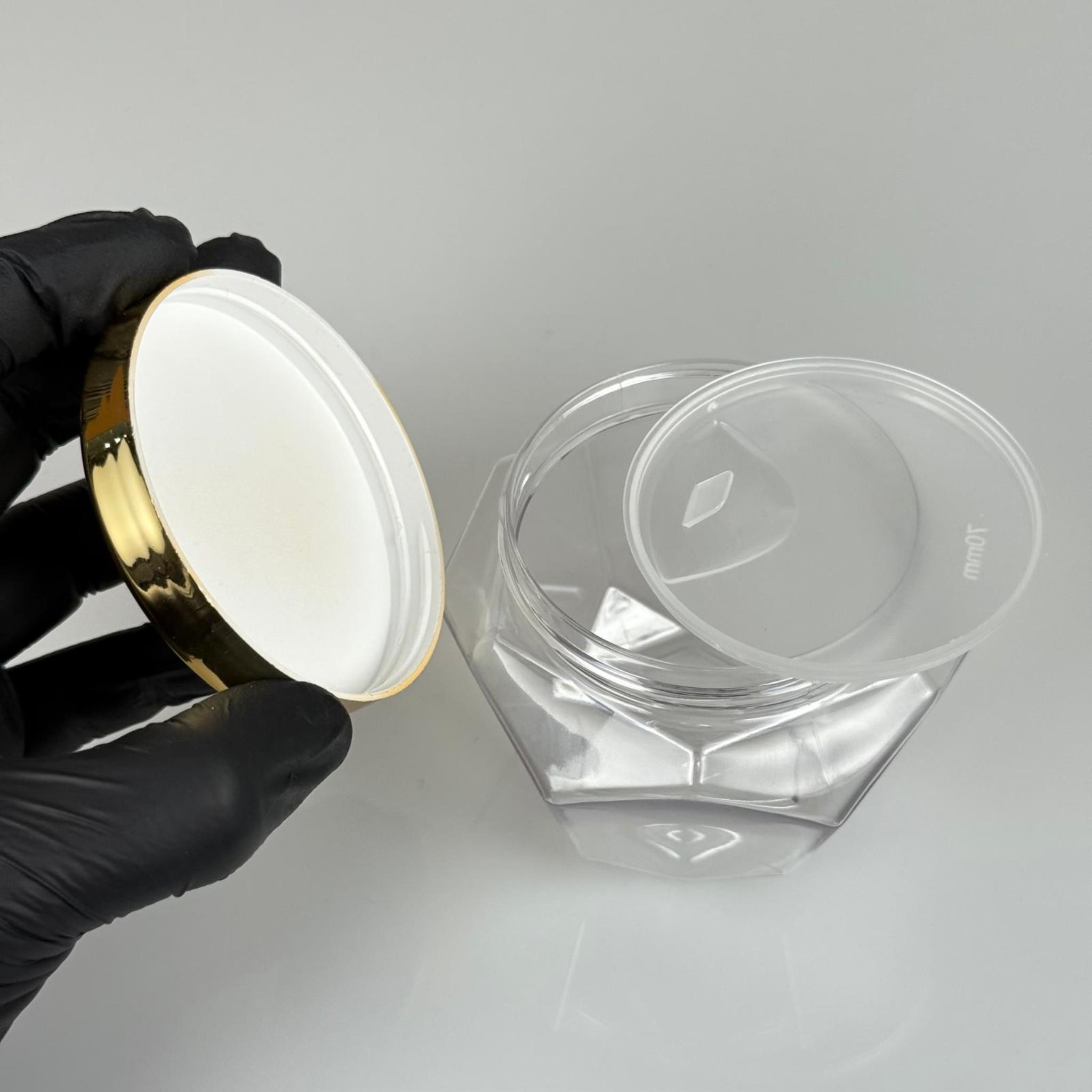 250 ML SERT PET ALTIGEN KAVANOZ + GOLD KAPLAMA PLASTİK KAPAK + İÇ TIPA - 250 CC KALIN ŞEFFAF PLASTİK KAVANOZ GOLD KAPLAMALI PLASTİK KAPAKLI İÇ TIPALI TAKIM - KREM KAVANOZLARI