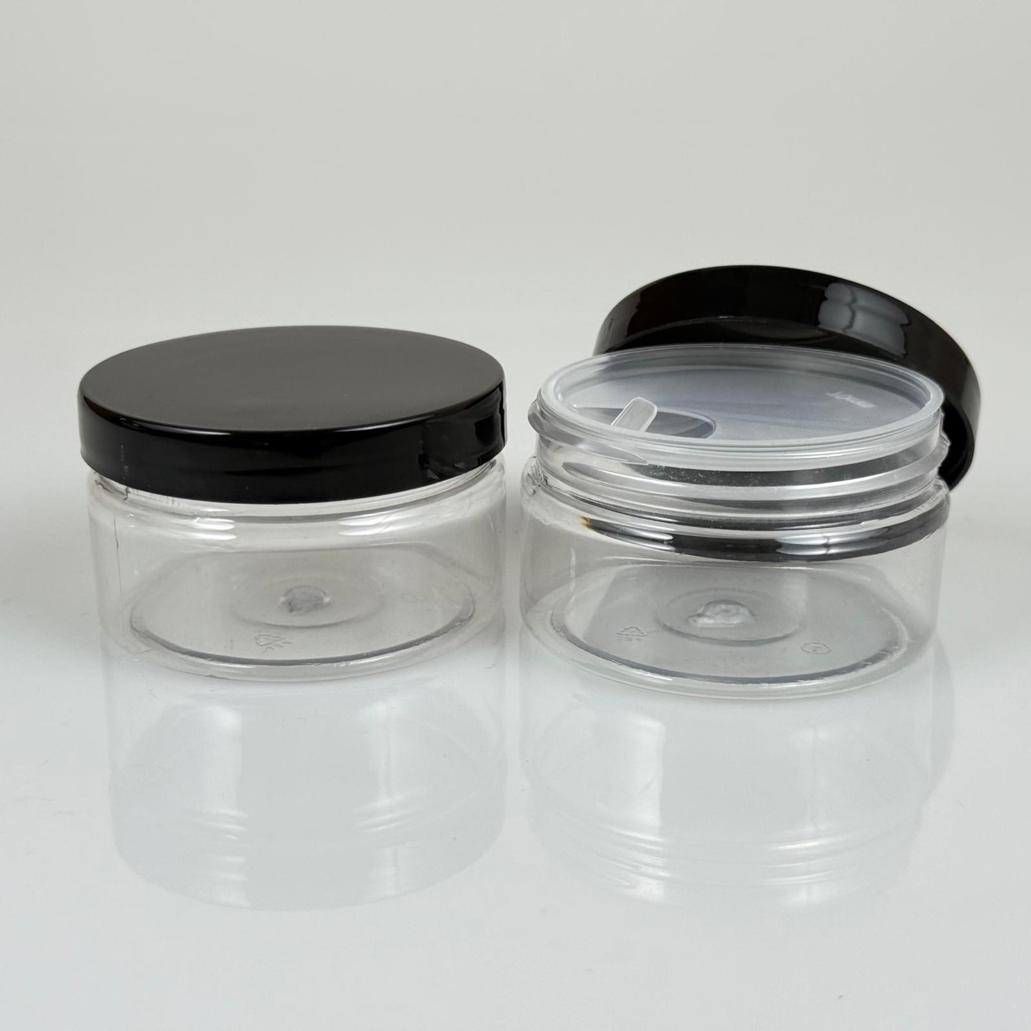 100 ML SERT PET KAVANOZ + SİYAH PLASTİK KAPAK + İÇ TIPA - 100 CC KALIN ŞEFFAF PLASTİK KAVANOZ SİYAH PLASTİK KAPAKLI İÇ TIPALI TAKIM - KREM KAVANOZLARI