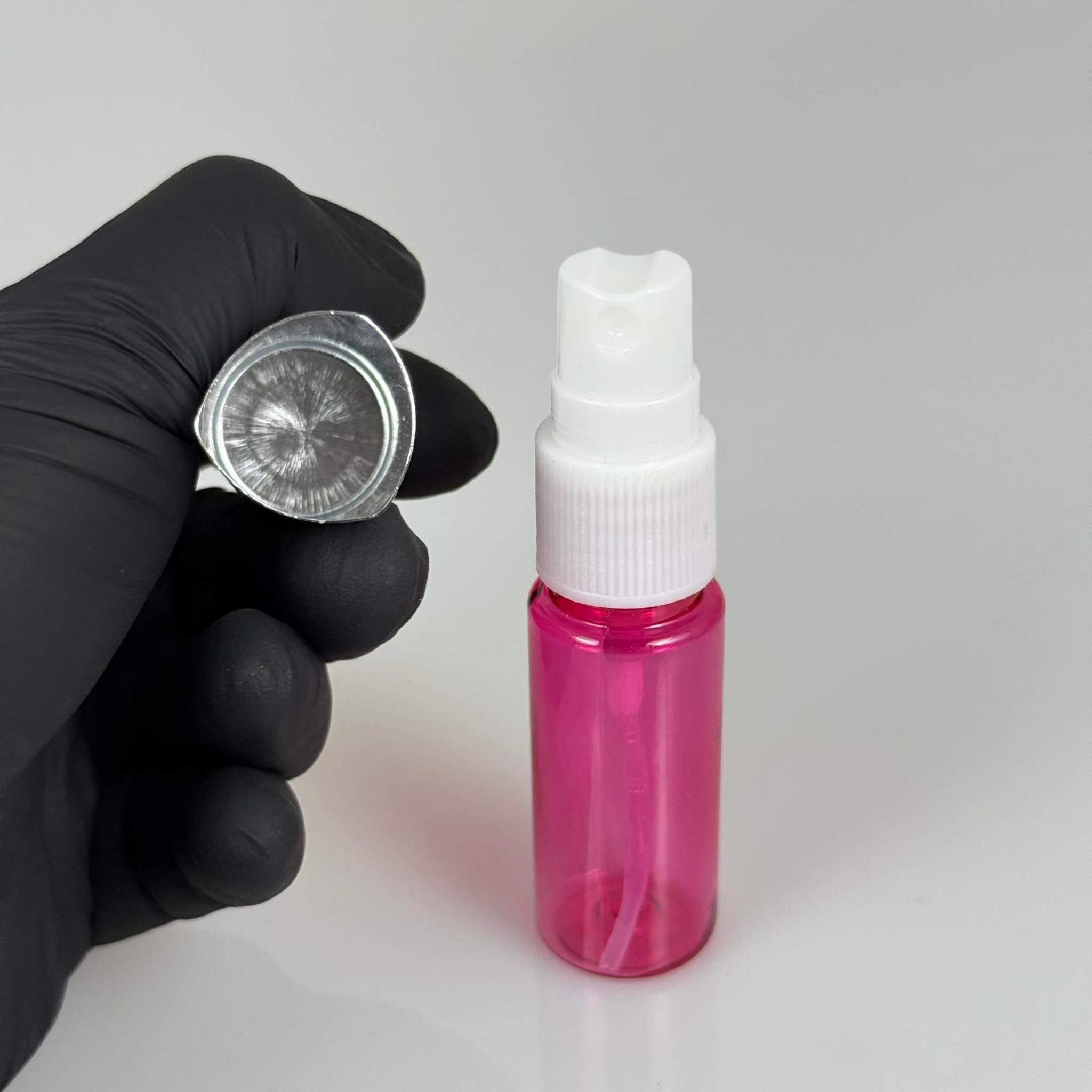 15 ML PET KOLONYA, PARFÜM VB ŞİŞELERİ - METAL ALÜMİNYUM GÜMÜŞ KAPAK + VİDALI SPREY + 15 CC PEMBE ŞİŞE SET TAKIM
