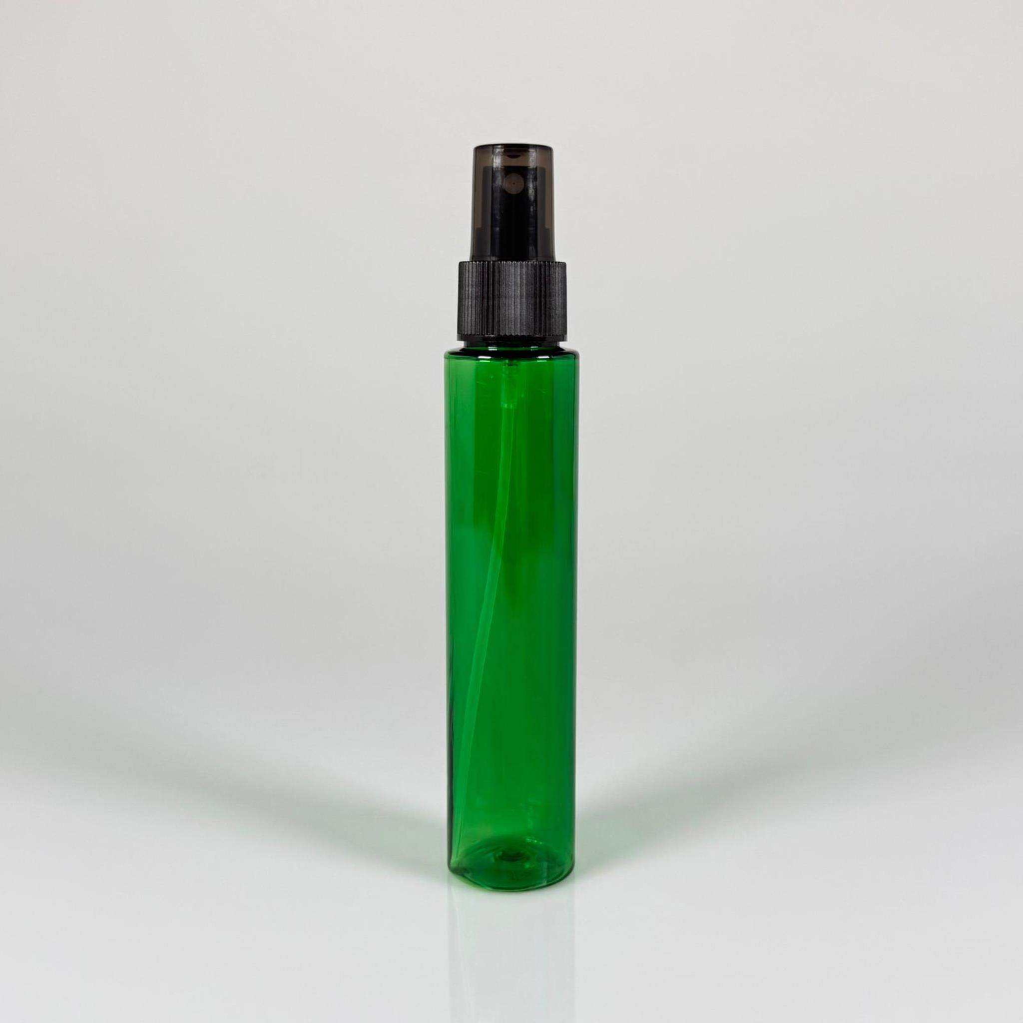 100 CC UZUN SİLİNDİR YEŞİL PET ŞİŞE (24 GR)  - SİYAH SPREYLİ - 100 ML BİBERİYE SUYU, LAVANTA YAĞI, SAÇ SERUM, TONİK VB İÇİN PLASTİK KOZMETİK AMBALAJLARI