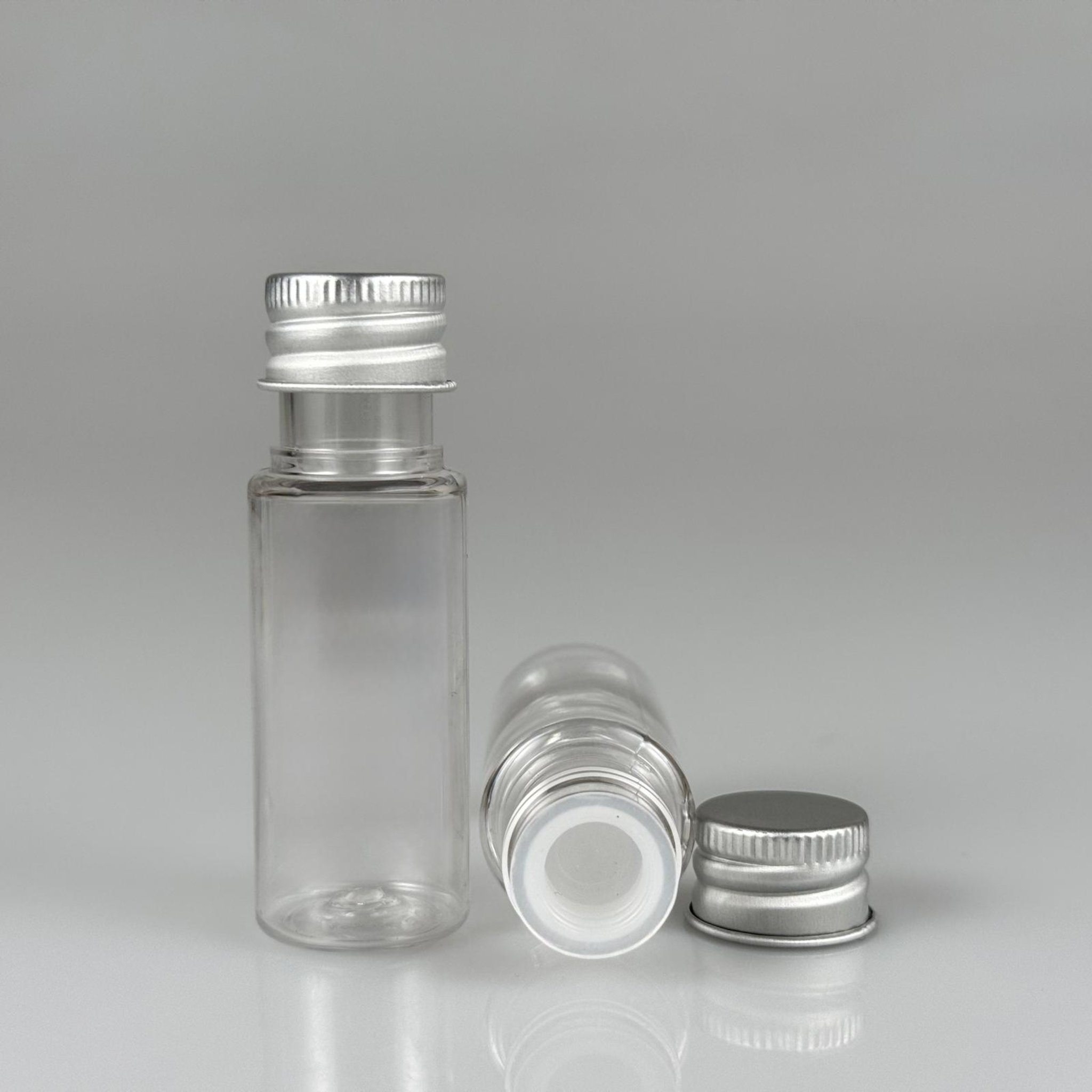 15 CC SİLİNDİR PET ŞİŞE + KÖPÜK CONTALI GÜMÜŞ ALÜMİNYUM METAL KAPAKLI + KÖR TIPALI TAKIML - 15 ML ŞEFFAF PET ŞİŞE