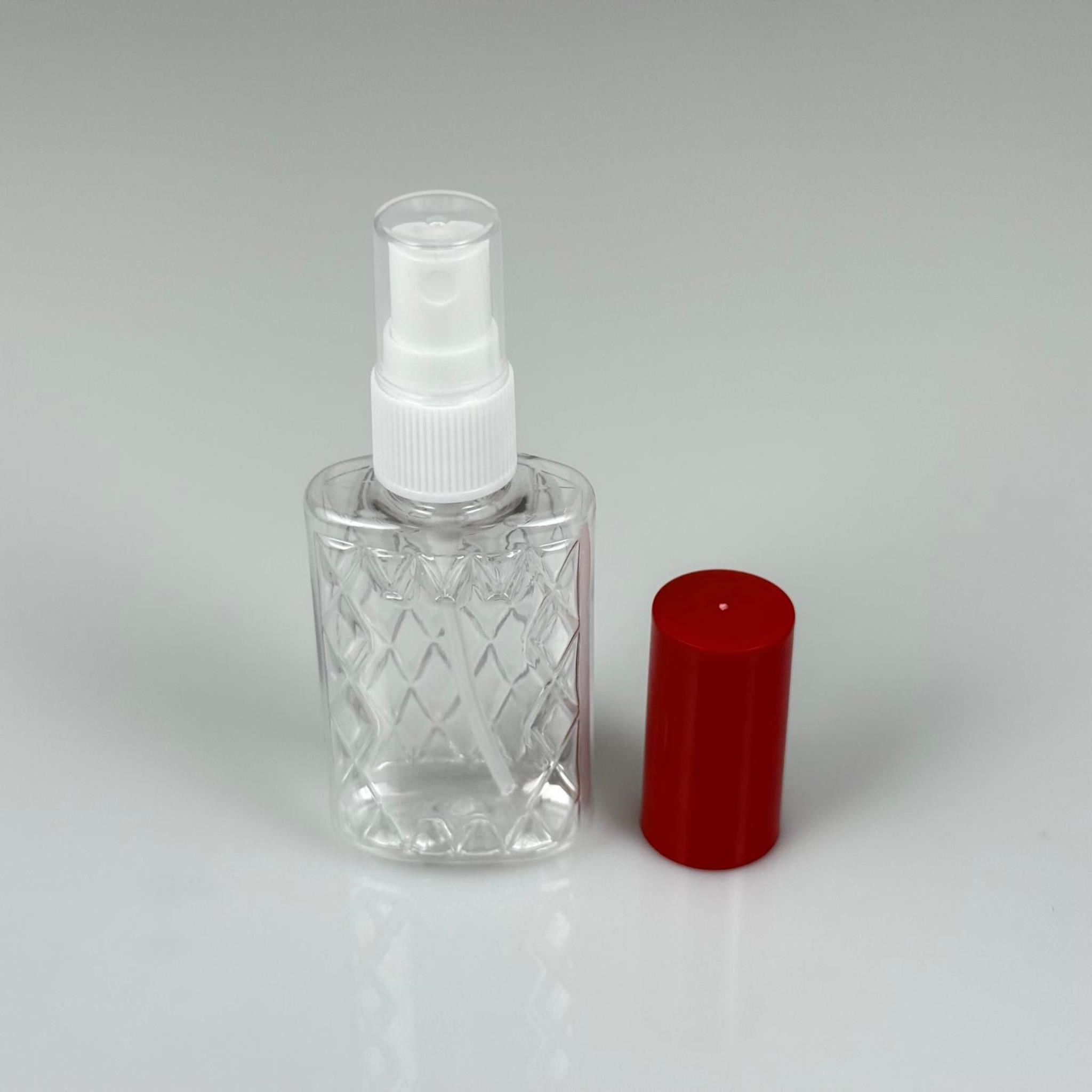 50 CC ŞEFFAF PET KÖŞELİ PARFÜM ŞİŞESİ - BEYAZ SPREYLİ - KIRMIZI KORUMA KAPAKLI - 50 ML PLASTİK PARFÜM - KOLONYA ŞİŞESİ