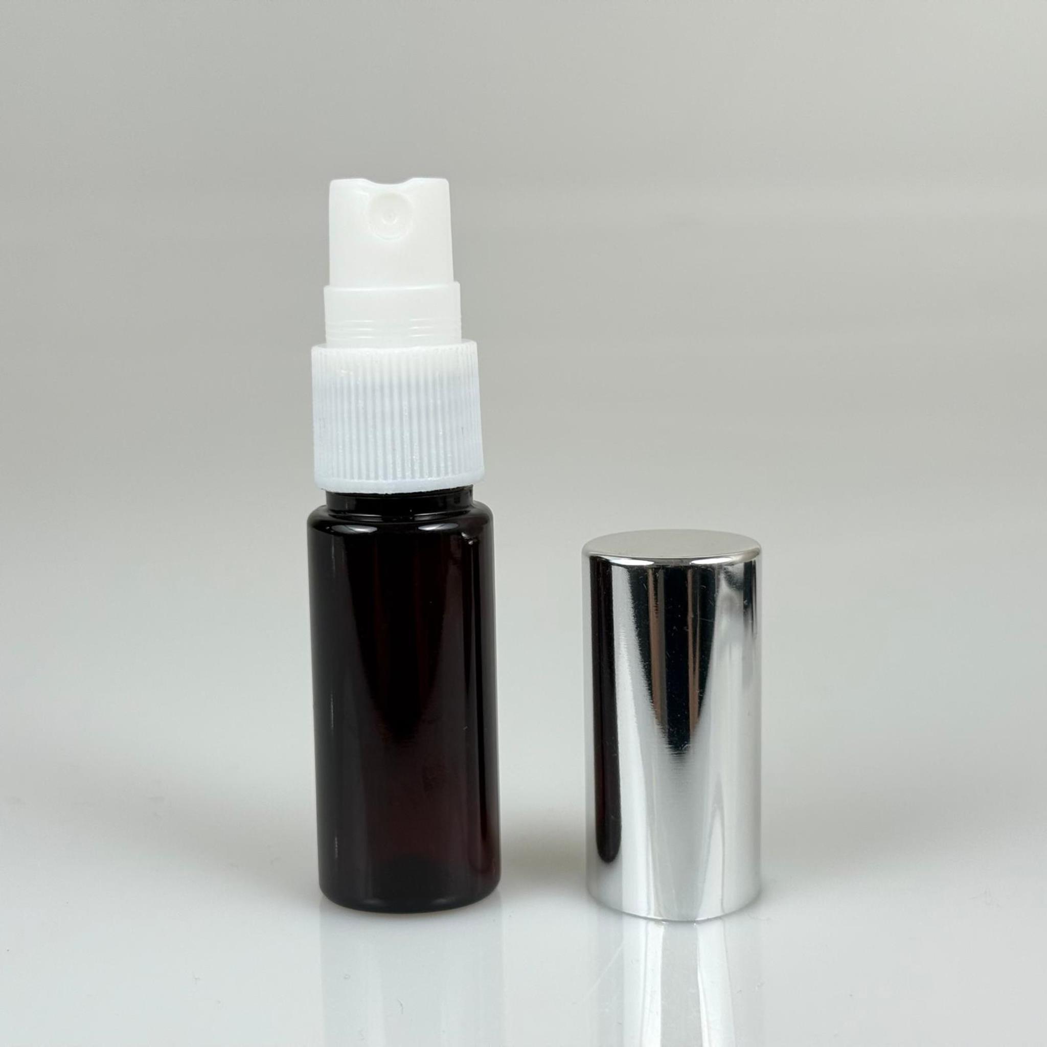 15 ML PET KOLONYA, PARFÜM VB ŞİŞELERİ - METAL ALÜMİNYUM GÜMÜŞ KAPAK + VİDALI SPREY + 15 CC AMBER ŞİŞE SET TAKIM