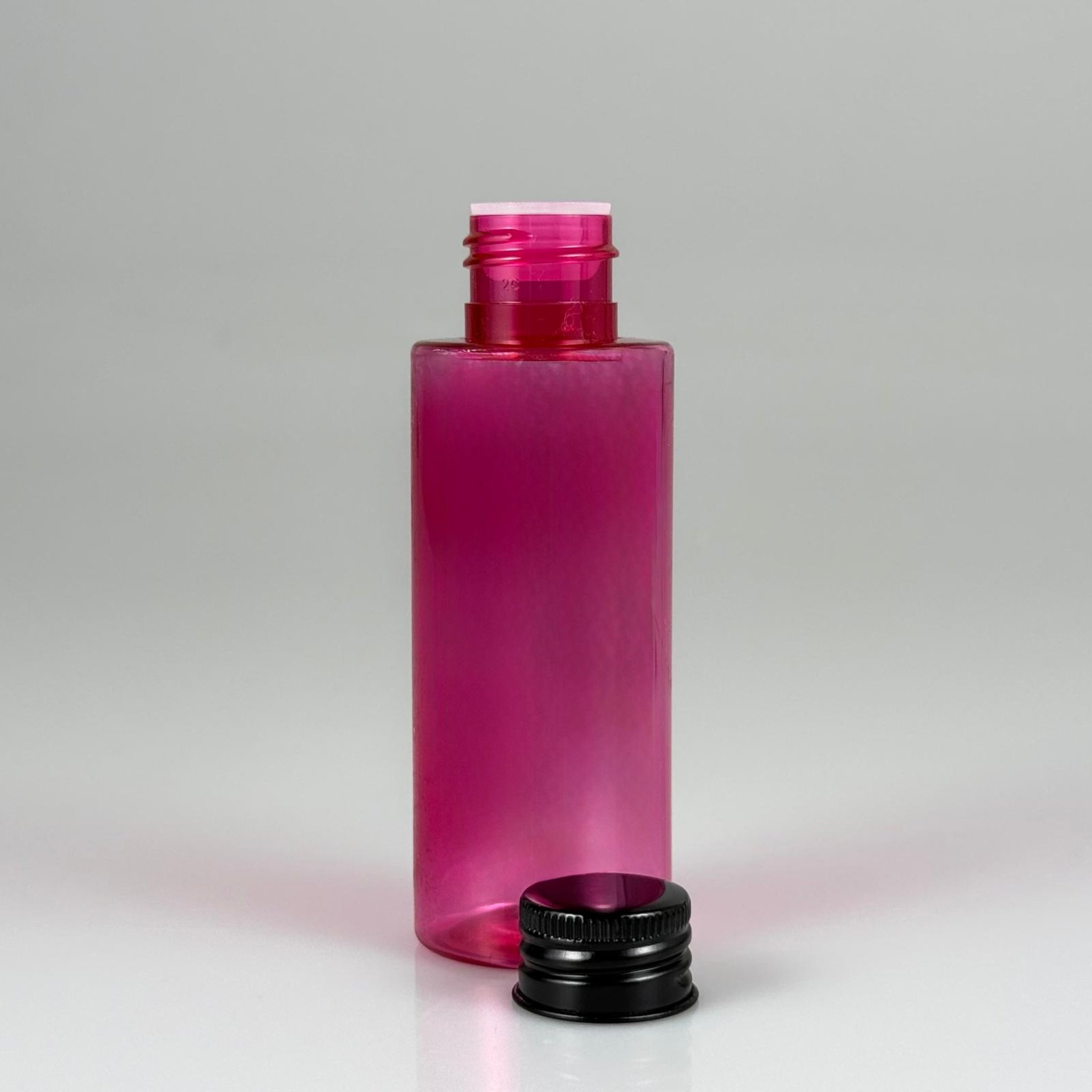 100 CC PEMBE SİLİNDİR KESKİN KÜT MODEL SERT PET ŞİŞE (17 GR - 24 AĞIZ ) + KÖPÜK CONTALI SİYAH METAL ALÜMİNYUM KAPAK + KOLONYA TIPALI TAKIM - 100 ML KAPAKLI PEMBE PET ŞİŞELER