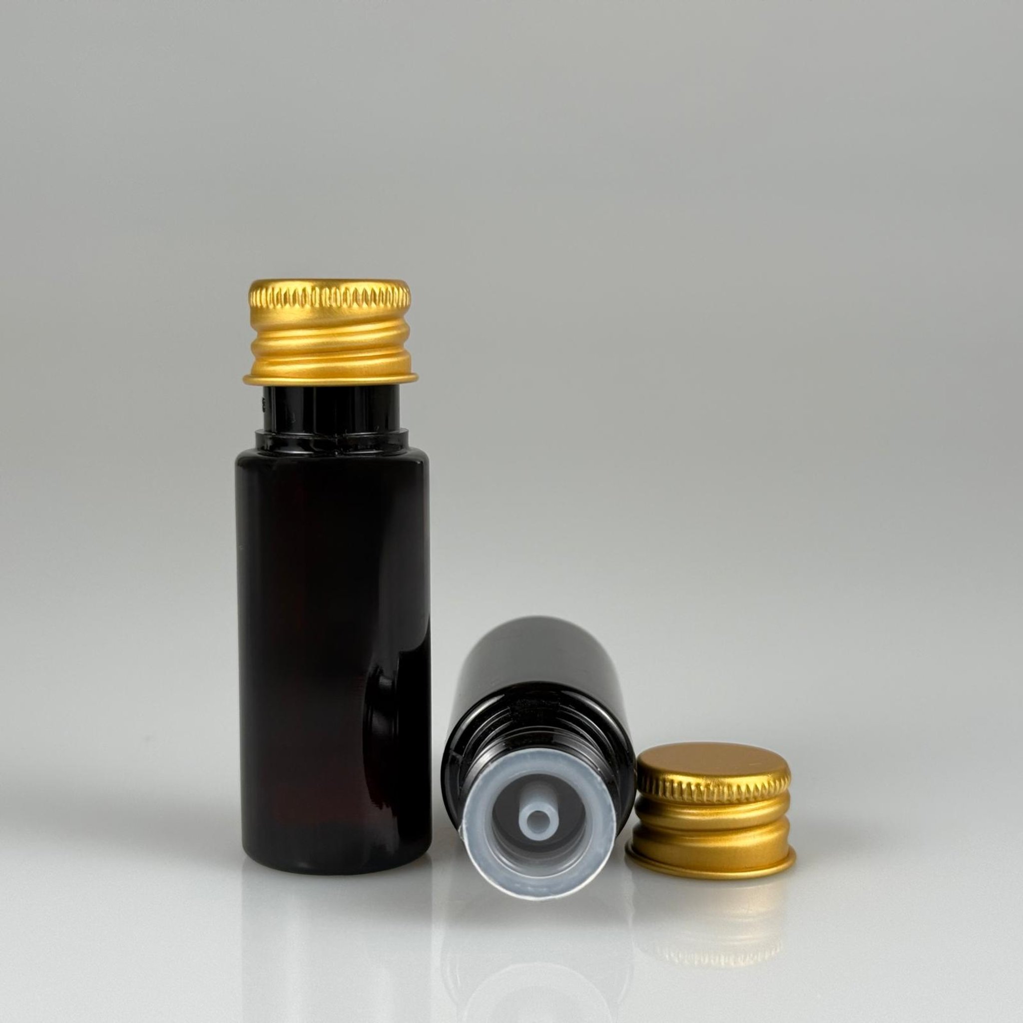 15 CC AMBER SİLİNDİR PET ŞİŞE + KÖPÜK CONTALI GOLD ALÜMİNYUM METAL KAPAKLI + KOLONYA TIPALI TAKIML - 15 ML KAHVERENGİ PET ŞİŞE