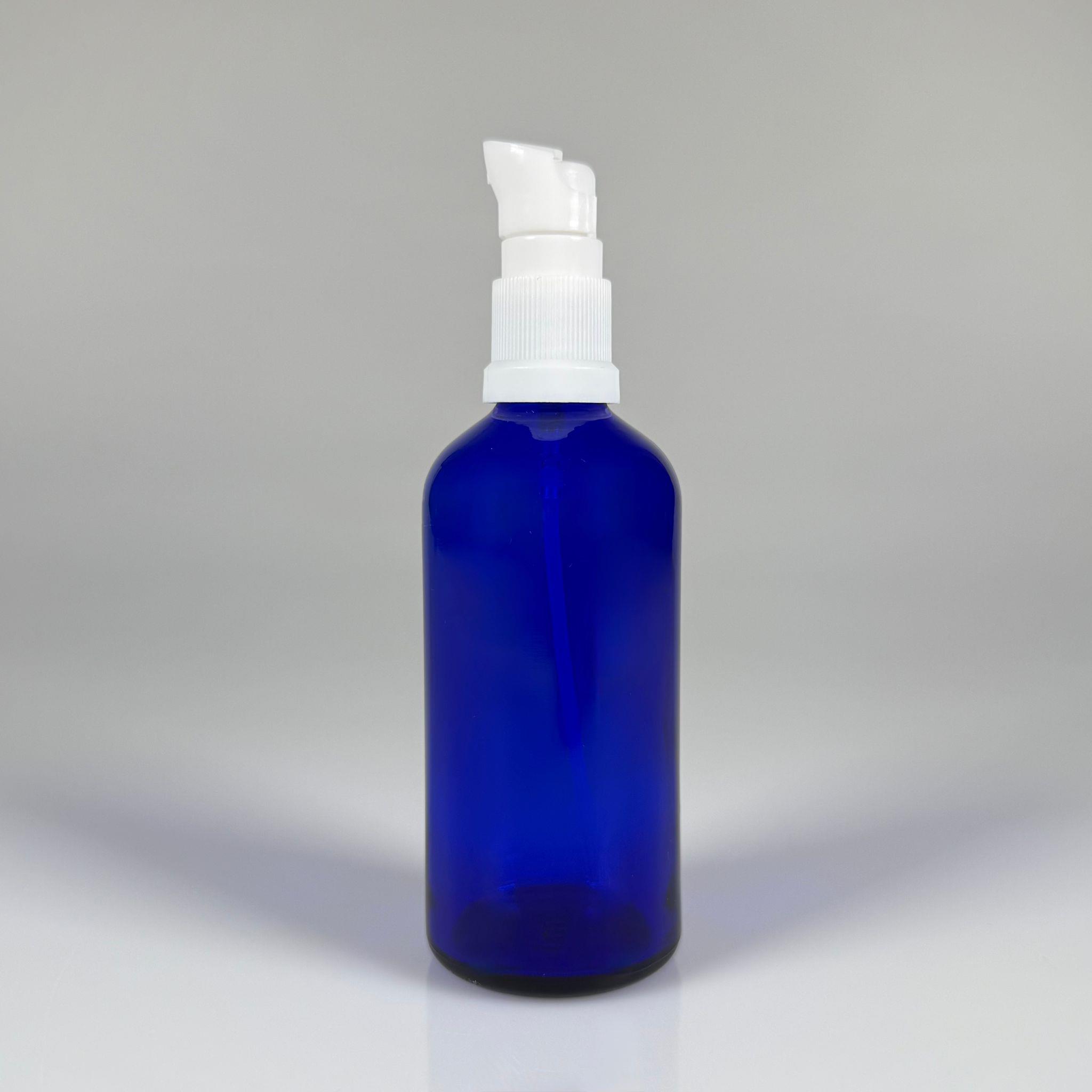 100 CC MAVİ CAM ŞİŞE - SIZDIRMAZ ETEKLİ BEYAZ LOSYON POMPALI TAKIM - 100 ML LOSYON ŞİŞESİ - YAĞ, KREM GİBİ YOĞUN KIVAMLI SIVILAR İÇİN CAM AMBALAJ