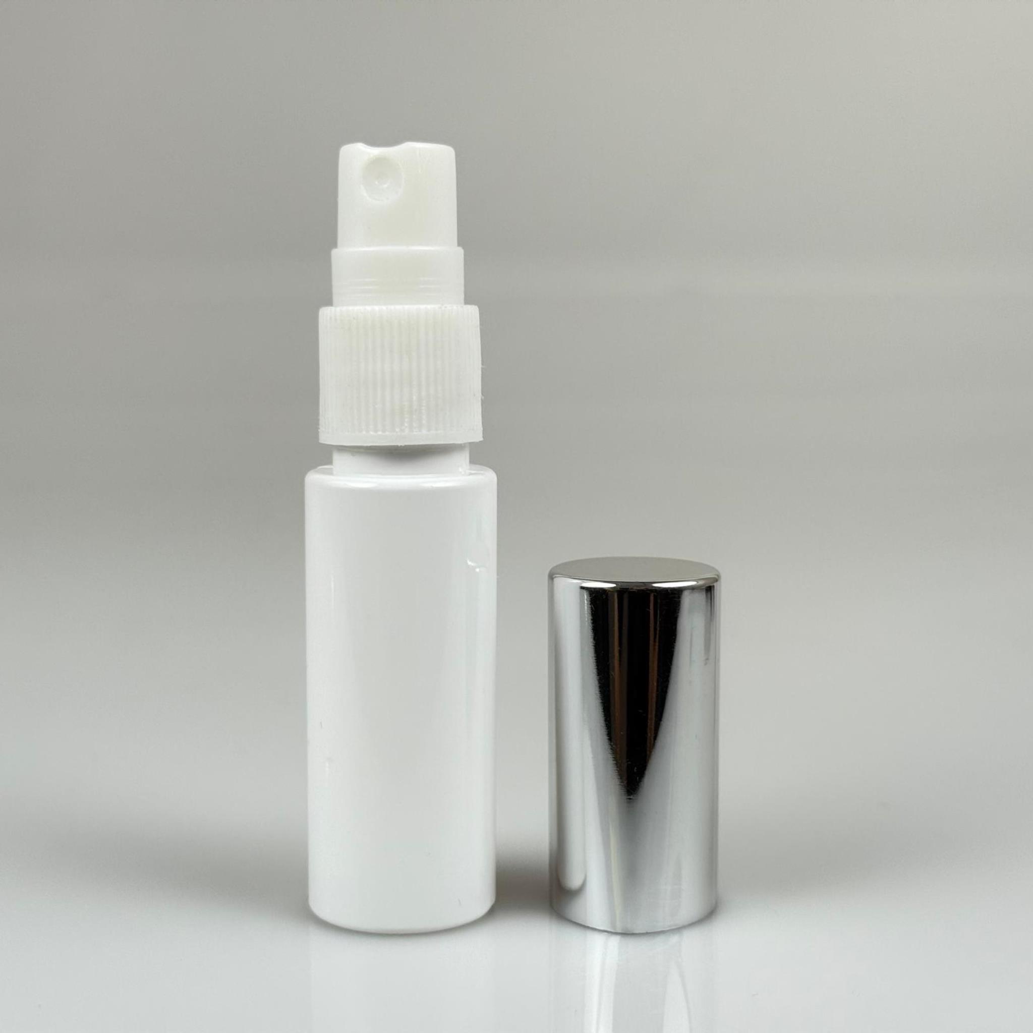 20 ML PET KOLONYA, PARFÜM VB ŞİŞELERİ - METAL ALÜMİNYUM GÜMÜŞ KAPAK + VİDALI SPREY + 20 CC BEYAZ UZUN MODEL ŞİŞE SET TAKIM