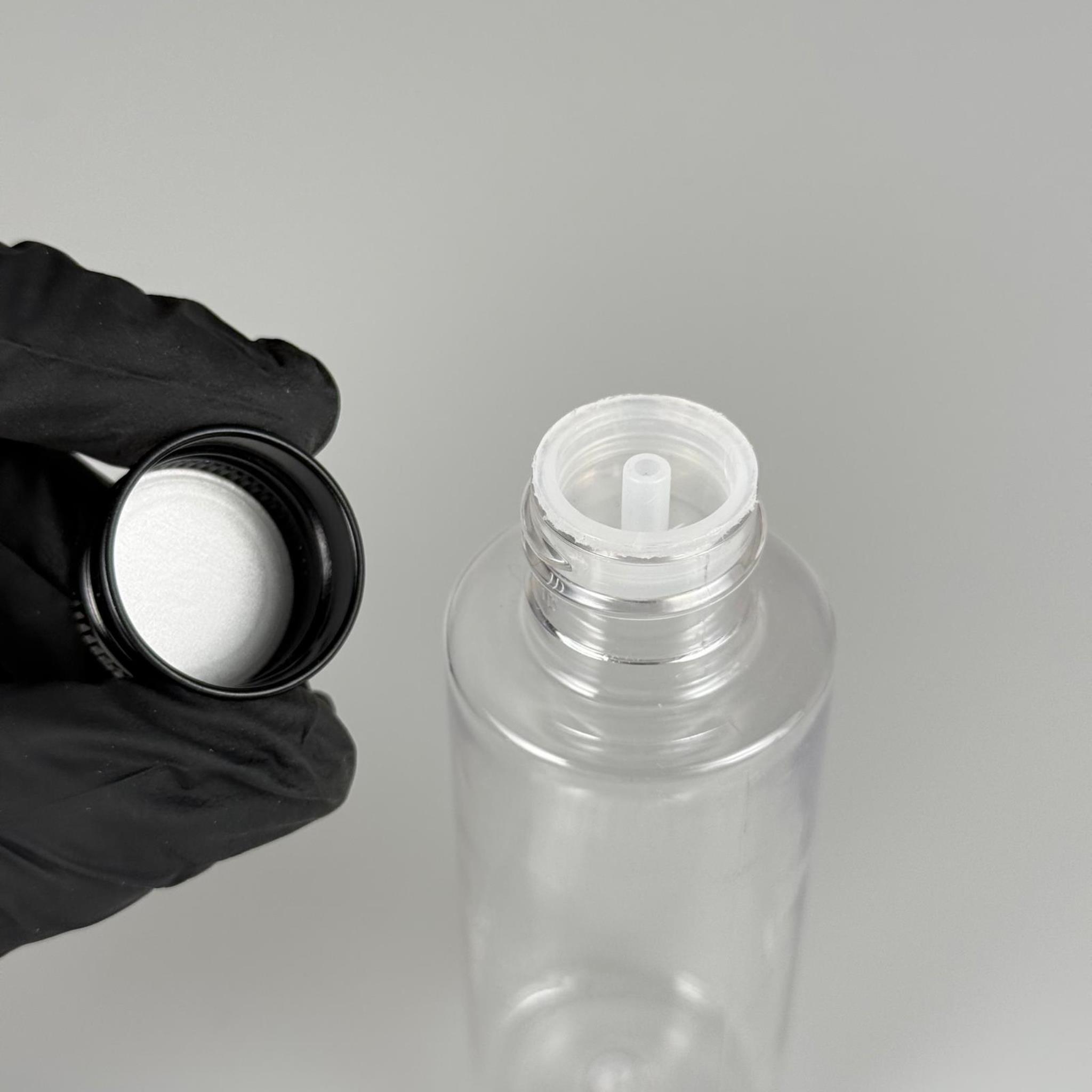 100 CC SİLİNDİR KESKİN KÜT MODEL SERT (17 GR) PET KOLONYA ŞİŞESİ 24 AĞIZ + KÖPÜK CONTALI SİYAH METAL ALÜMİNYUM KAPAK TAKIM - 100 ML KAPAKLI PLASTİK ŞİŞELER