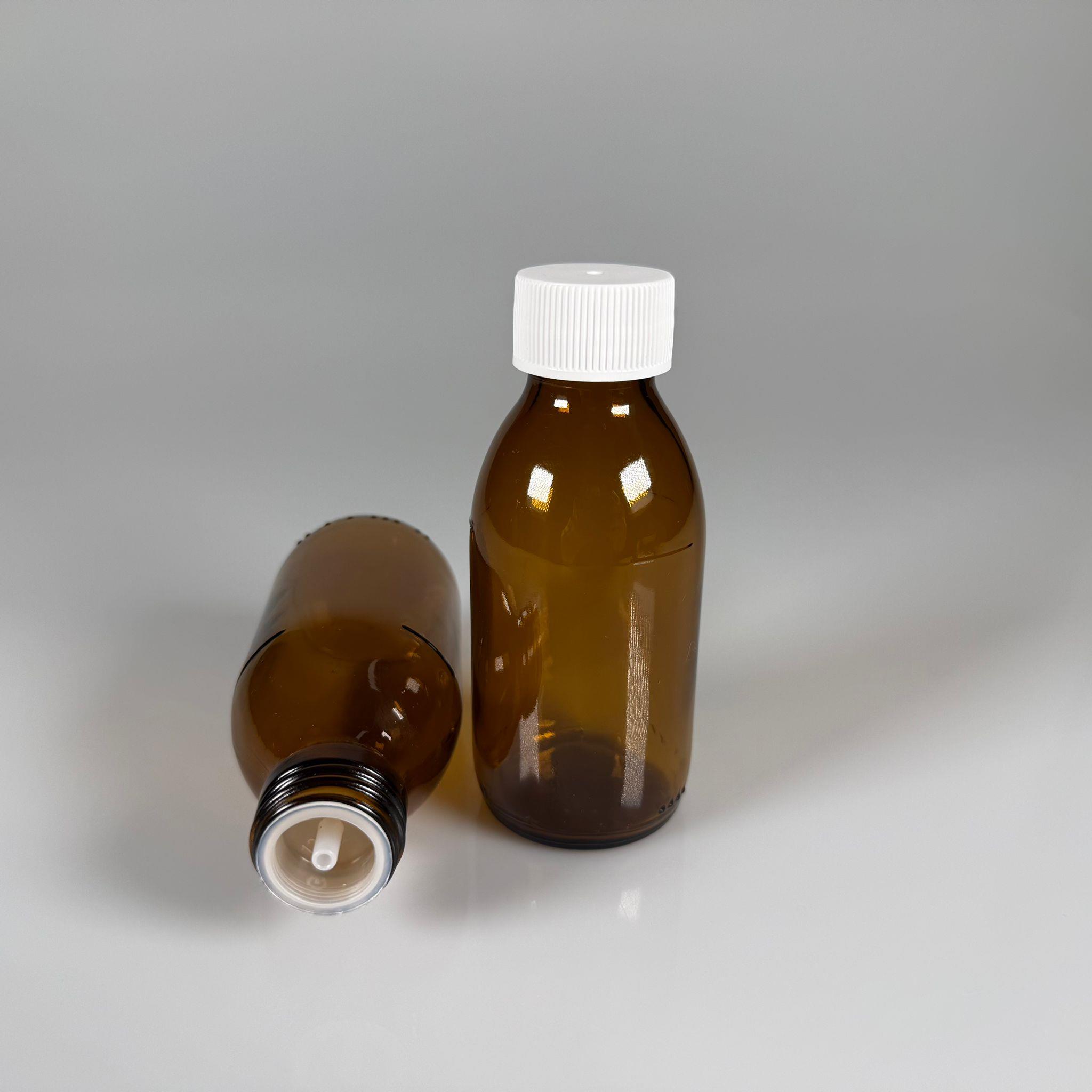 125 ML DOLUMU KOLAY, GENİŞ AĞIZLI İÇTEN DAMLALIKLI ŞİŞE (28 MM AĞIZ)  - 125 CC BEYAZ CONTALI KAPAKLI İÇTEN DAMLALIKLI CAM ECZA ŞİŞESİ - AMBER KAHVERENGİ