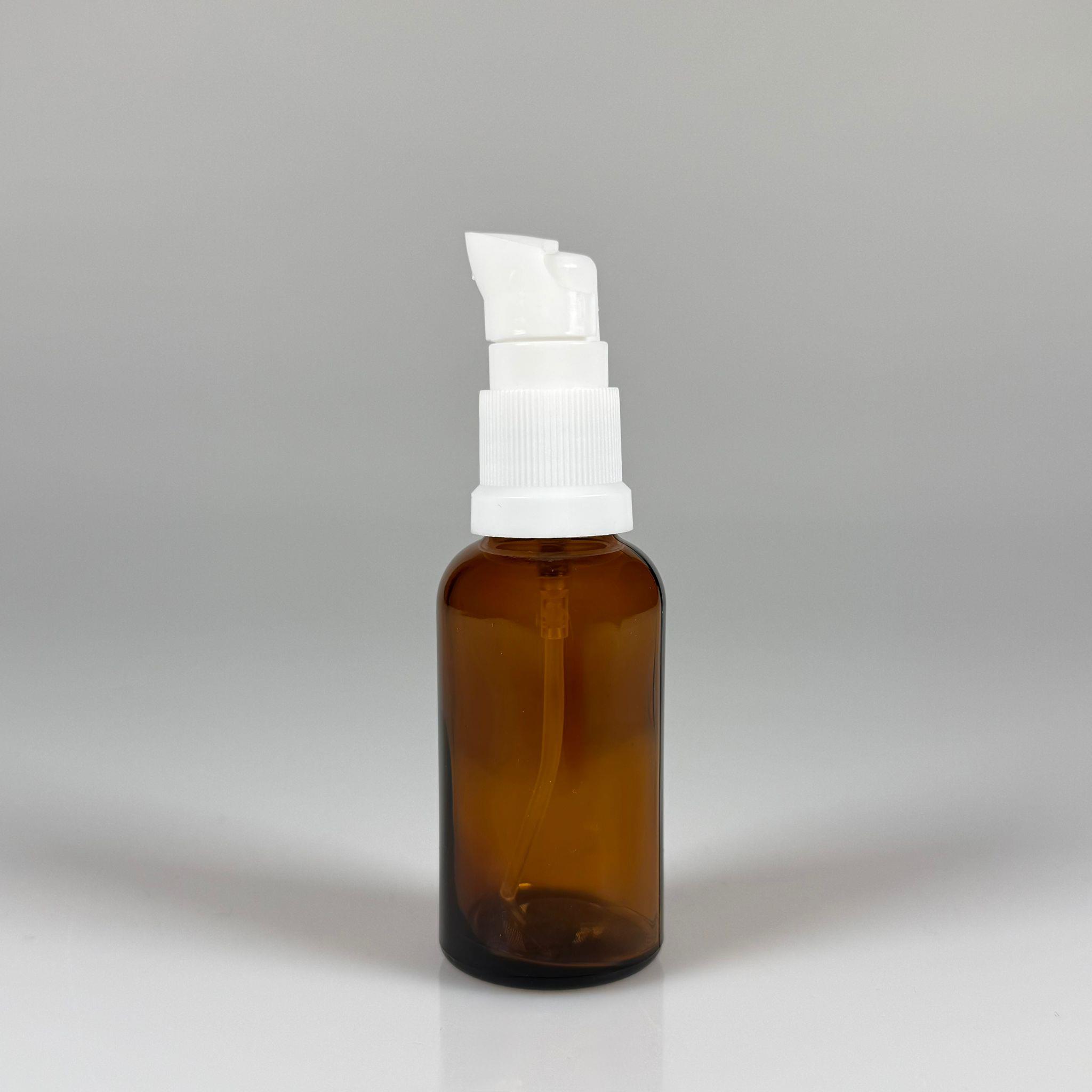 30 CC AMBER CAM ŞİŞE - SIZDIRMAZ ETEKLİ BEYAZ LOSYON POMPALI TAKIM - 30 ML LOSYON ŞİŞESİ - YAĞ, KREM GİBİ YOĞUN KIVAMLI SIVILAR İÇİN CAM AMBALAJ