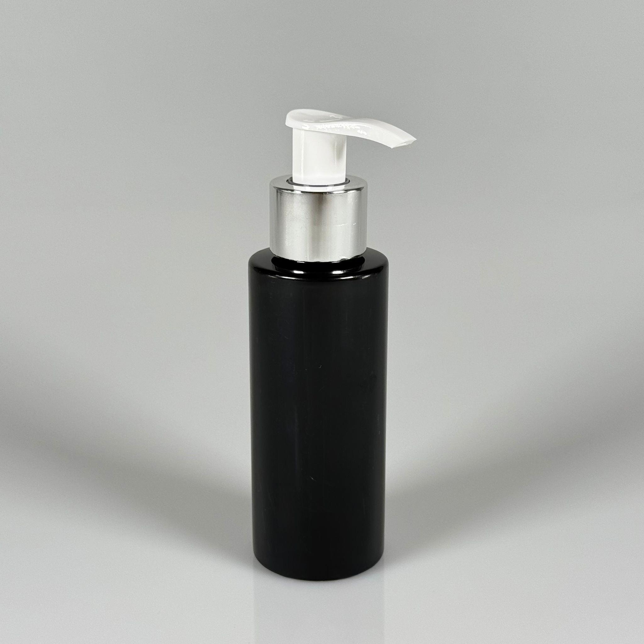 100 CC SİLİNDİR KESKİN KÜT MODEL SERT (17 GR) PET ŞİŞE - GÜMÜŞ SIVI SABUN POMPALI - JEL, PEELING, SERUM, GÜNEŞ KREMİ GİBİ YOĞUN KIVAMLI SIVILAR İÇİN- AĞIZ ÇAPI 24 MM - SİYAH