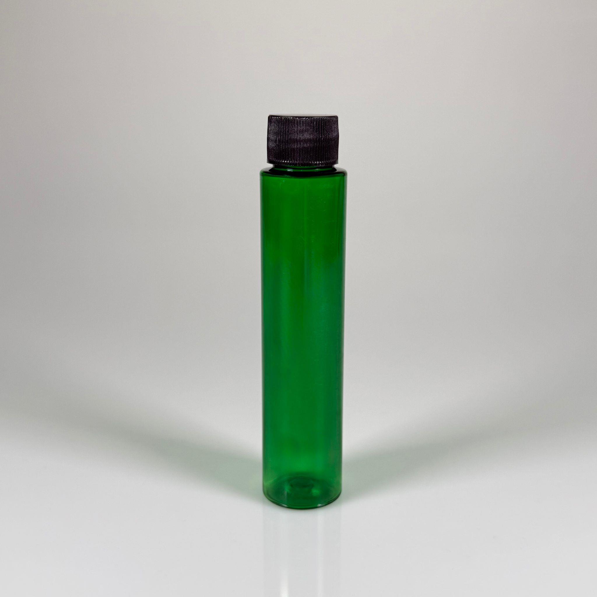 100 CC UZUN SİLİNDİR YEŞİL PET ŞİŞE (24 GR) - CONTALI SİYAH KAPAKLI - 100 ML BİBERİYE SUYU, LAVANTA YAĞI, SAÇ SERUM, TONİK VB İÇİN PLASTİK KOZMETİK AMBALAJLARI