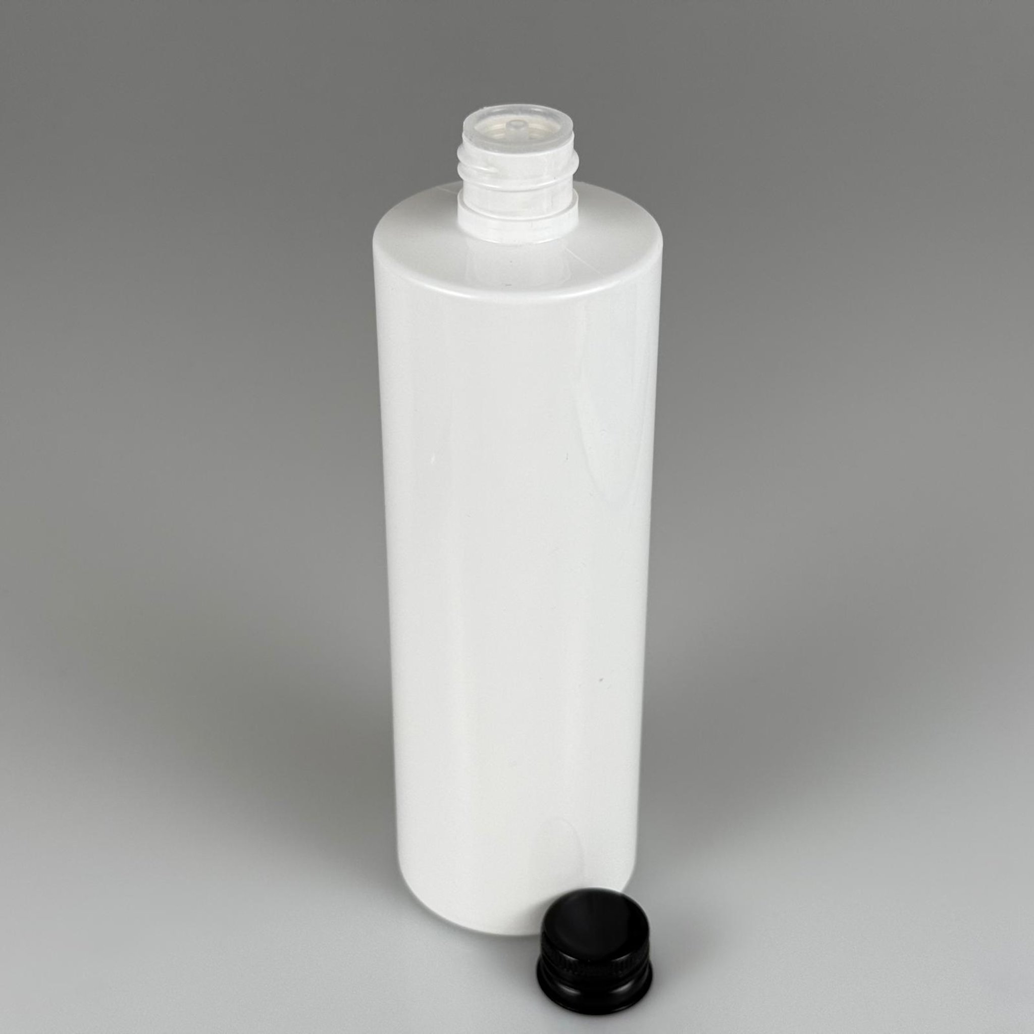 400 CC BEYAZ KÜT BOYUNLU SİLİNDİR PET ŞİŞE (30 GR - 24 AĞIZ ) + KÖPÜK CONTALI SİYAH METAL ALÜMİNYUM KAPAKLI + KOLONYA TIPALI TAKIM - 400 ML  KAPAKLI BEYAZ PLASTİK ŞİŞELER