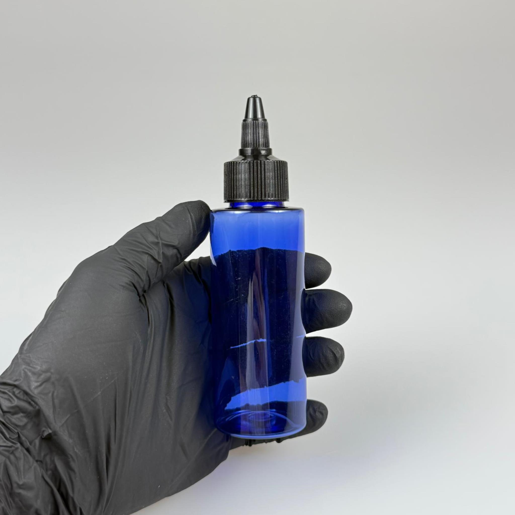 YAĞ, SOS, ACI SOS, SİRKE, SRIRACHA, MÜREKKEP, TUTKAL AKITICI VB BOŞ ŞİŞELERİ - SİYAH SİVRİ TWİST AKITICI KAPAK + 100 ML KÜT MAVİ SERT PET PLASTİK ŞİŞE TAKIM