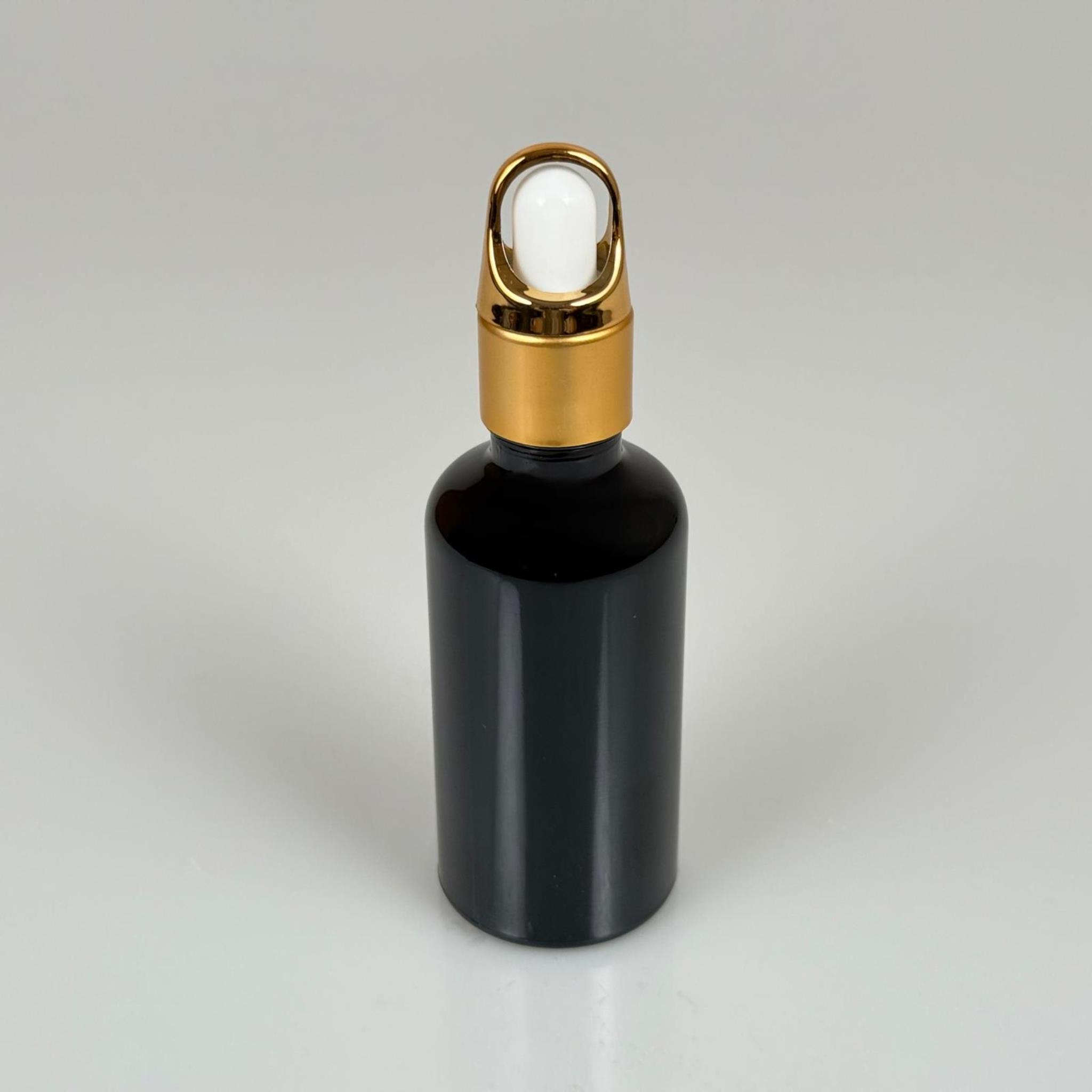 50 CC SİYAH CAM DAMLALIKLI ŞİŞE - BEYAZ EMZİK - GOLD FLOWER SEPET MODEL METALİK KAPAK - 50 ML CAM DAMLALIKLI ŞİŞE
