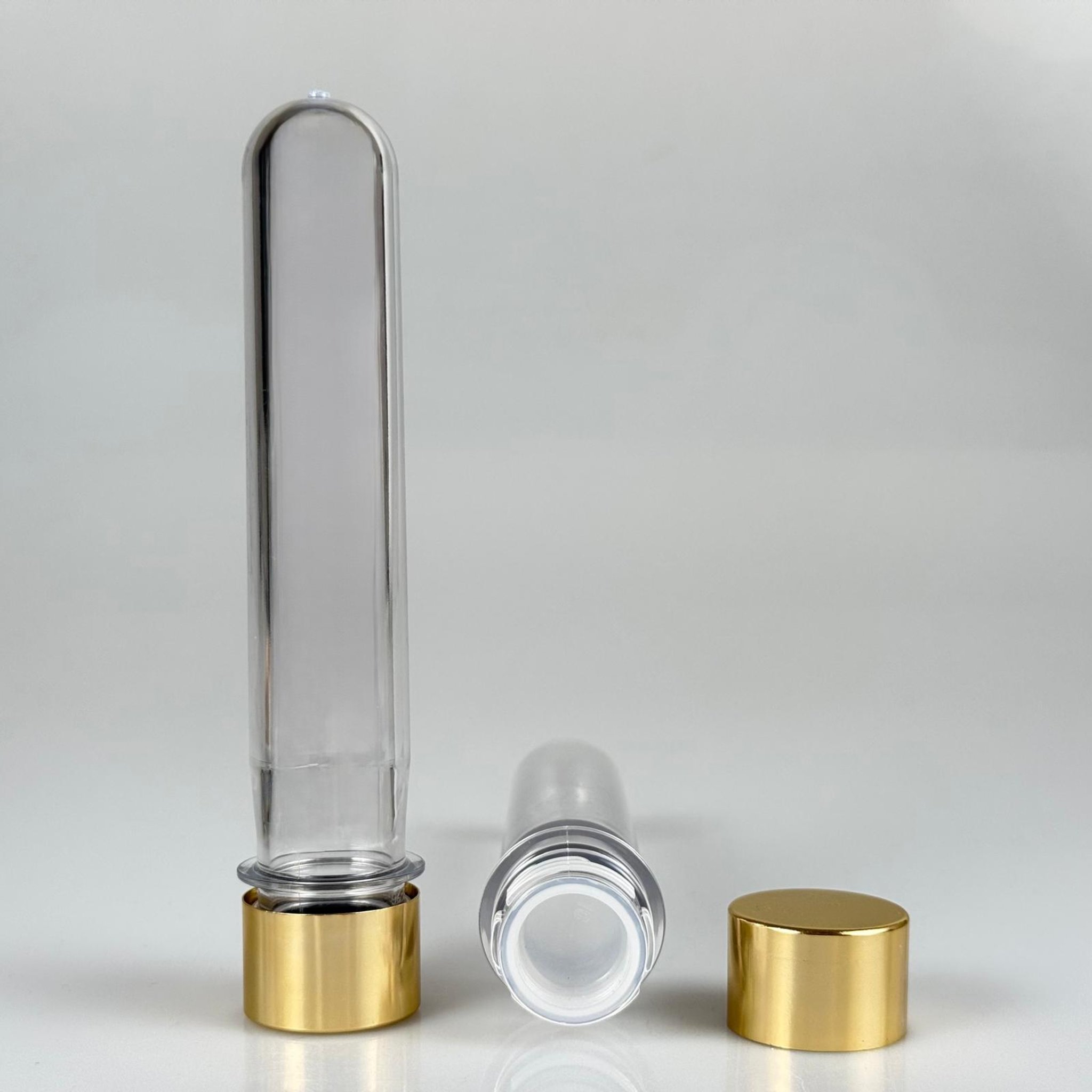 16 CM TÜP - 45 CC PET ŞİŞE + ALÜMİNYUM KAPLAMALI GOLD KAPAKLI + KÖR TIPALI TAKIM - VANİLYA ÇUBUĞU, BAHARAT, DENEY TÜPÜ, AYAKKABI BAĞCIĞI VB İÇİN PLASTİK TÜP