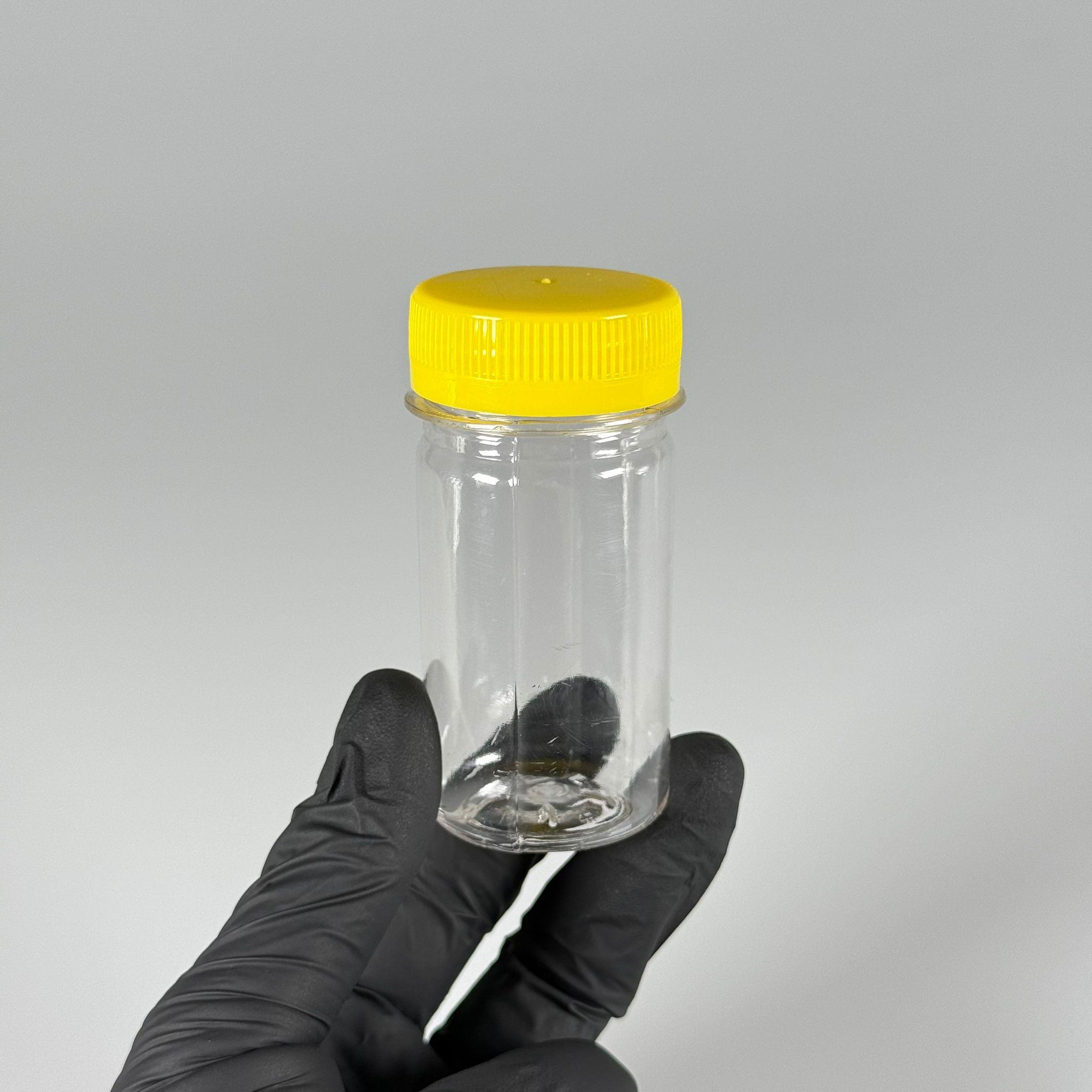 60 CC SİLİNDİR PET ŞİŞE (15,6 GR) - 38 MM GENİŞ AĞIZLI KİLİTLİ SARI  KAPAKLI - 60 ML PLASTİK NUMUNE BOŞ ŞİŞELER