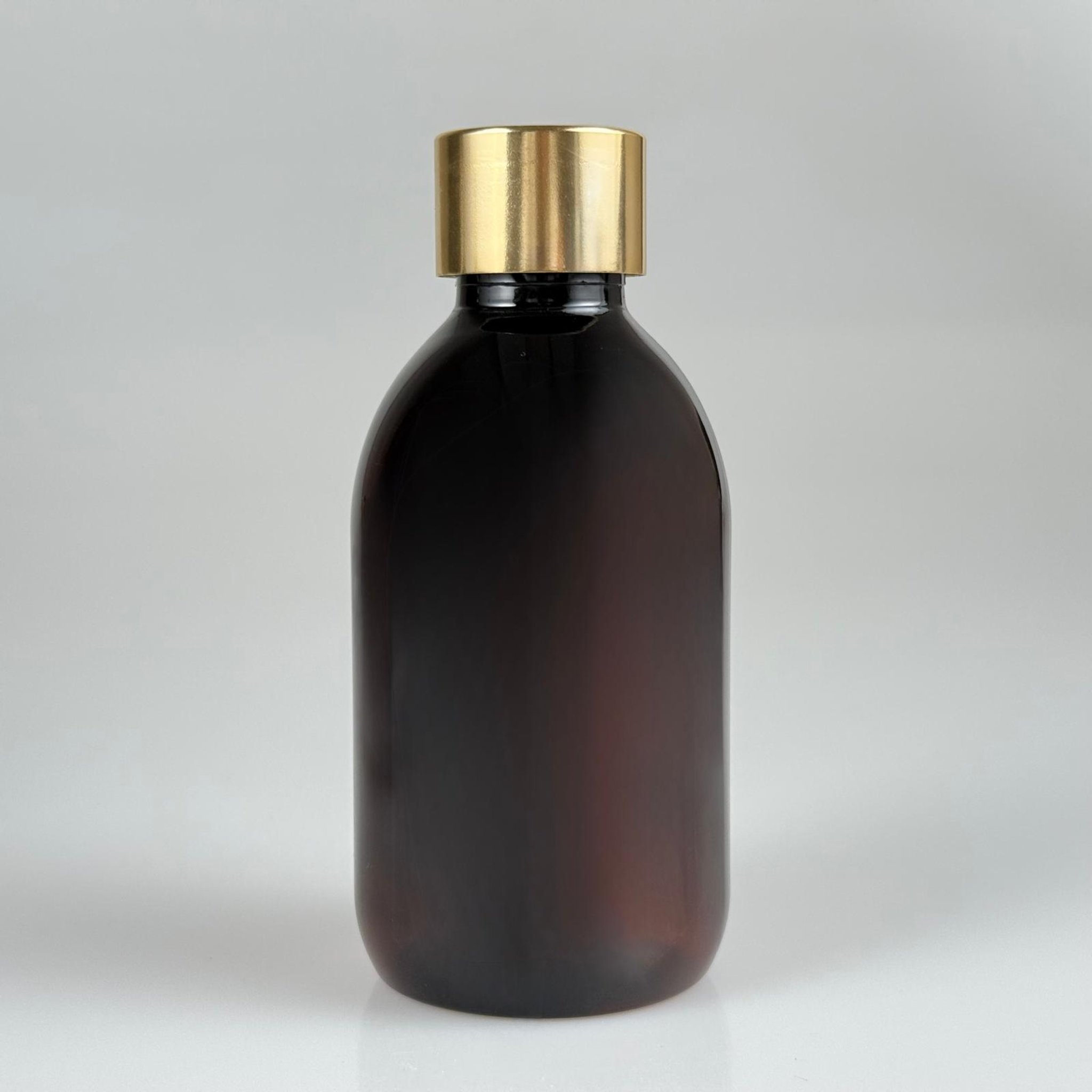 200 CC AMBER PET ECZA ŞİŞESİ + ALÜMİNYUM KAPLAMALI GOLD KAPAKLI TAKIM  - 200 ML KAHVERENGİ PLASTİK ŞURUP ŞİŞESİ (21 GR)