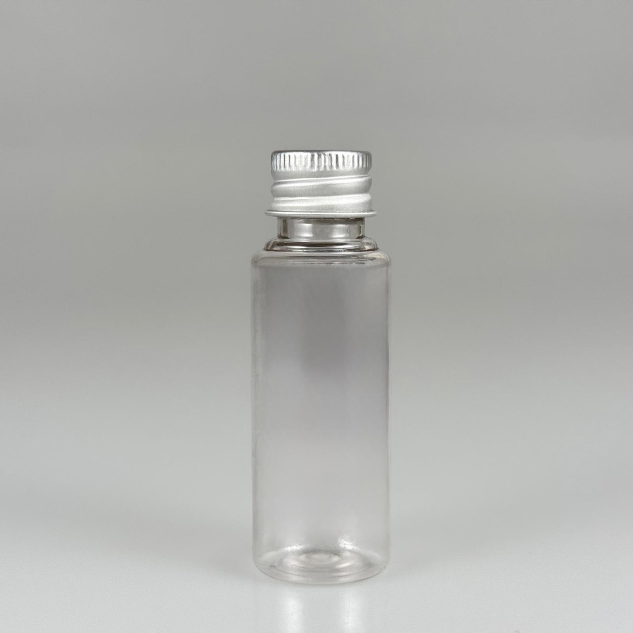30 CC ŞEFFAF PET SHOT ŞİŞE - KÖPÜK CONTALI GÜMÜŞ ALÜMİNYUM METAL KAPAKLI TAKIM - 30 ML PLASTİK ŞİŞE