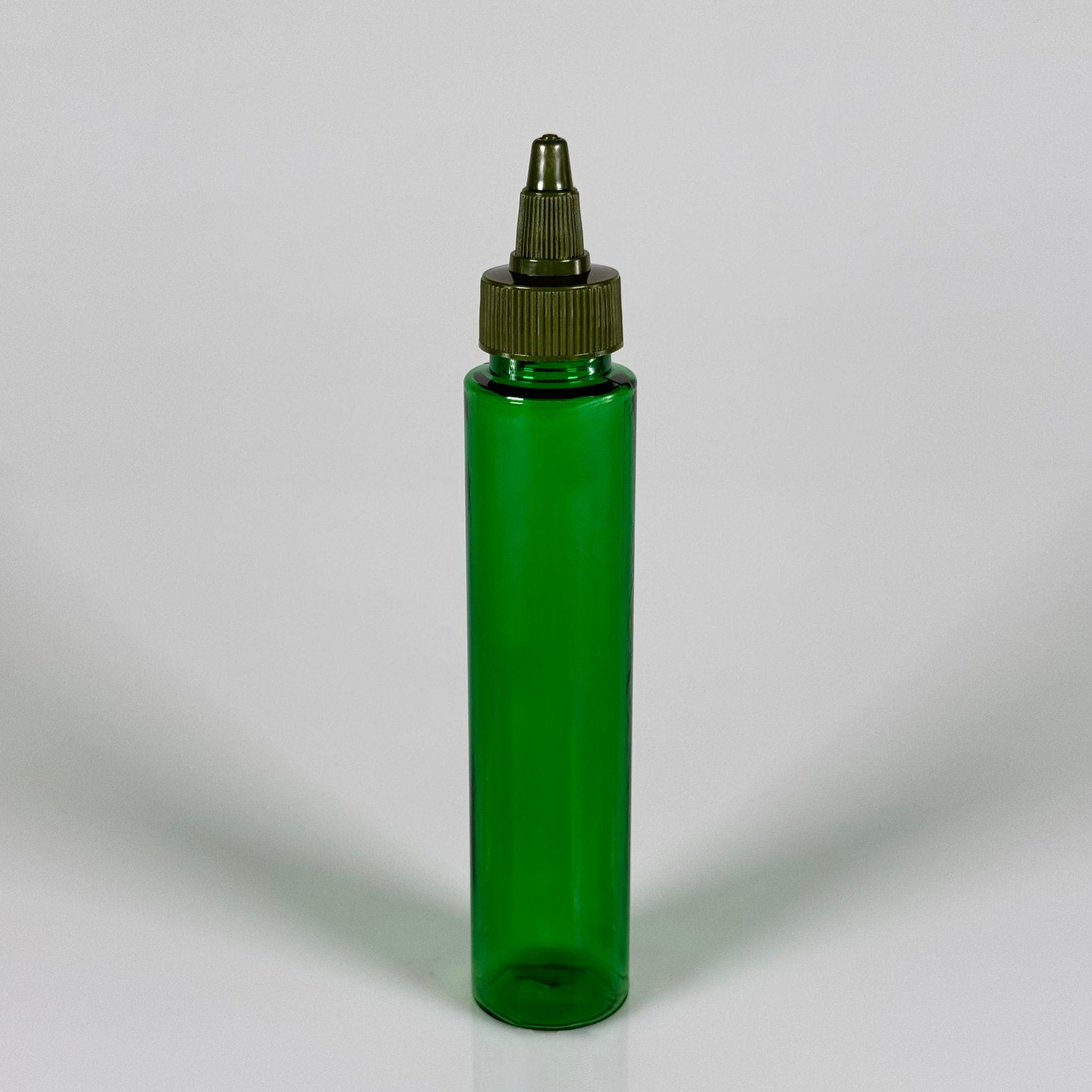 100 CC UZUN SİLİNDİR YEŞİL PET ŞİŞE (24 GR)  - YEŞİL TWİST SİVRİ ASANSÖR AKITICI KAPAKLI - 100 ML BİBERİYE SUYU, LAVANTA YAĞI, SAÇ SERUM, TONİK VB İÇİN PLASTİK KOZMETİK AMBALAJLARI