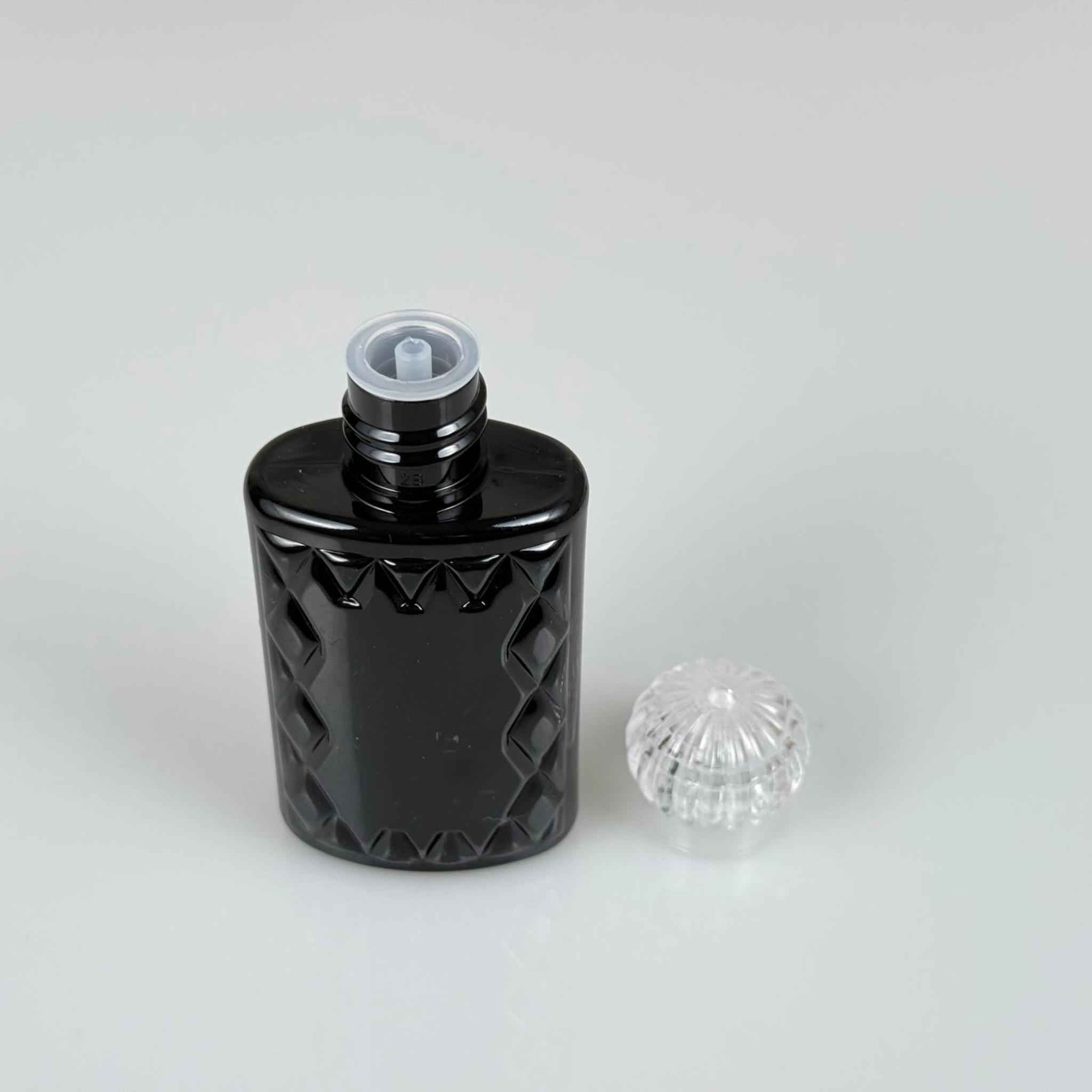 50 CC SİYAH PLASTİK KOLONYA ŞİŞESİ - KRİSTAL KAPAKLI TIPALI - 50 ML YASSI PET DESENLİ KOLONYA ŞİŞESİ