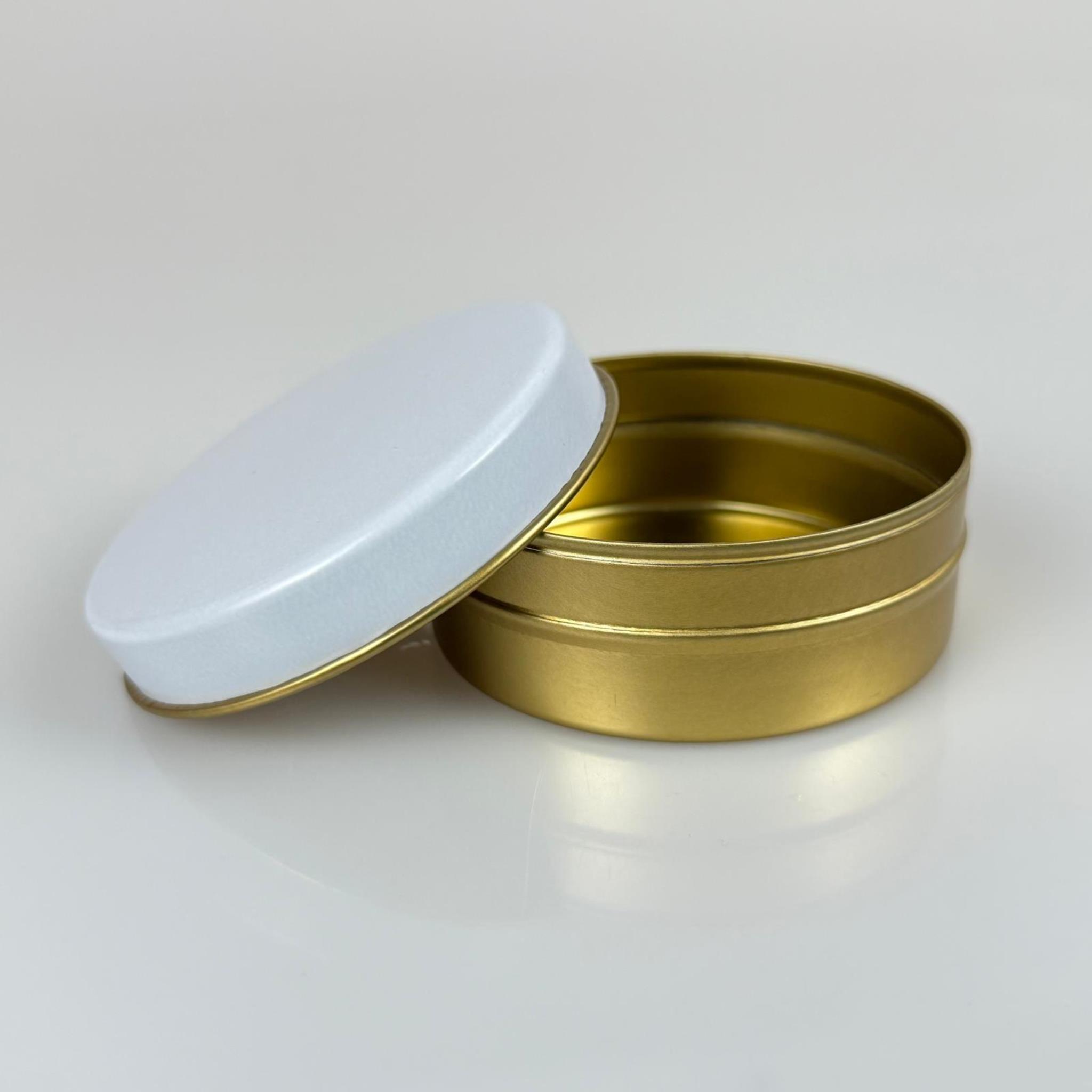 100 CC TENEKE KUTU - GOLD - BEYAZ KAPAKLI - METAL AMBALAJ - MUM TENEKESİ 77 X 28 MM