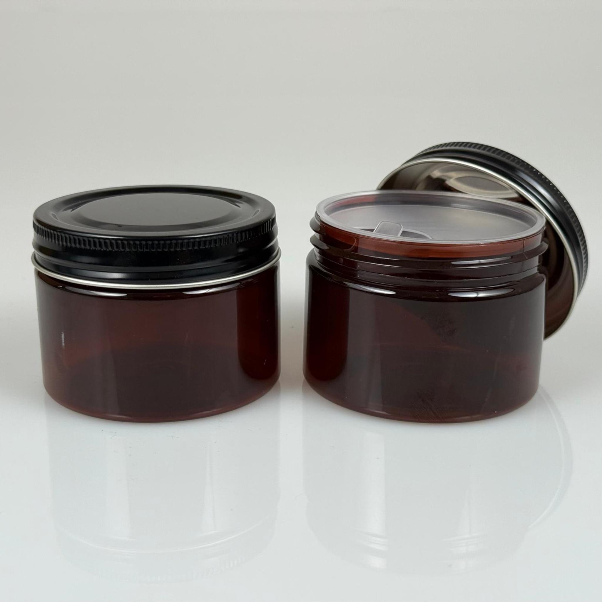 150 ML SERT PET KAVANOZ + SİYAH METAL KAPAK + İÇ TIPA - 150 CC KALIN AMBER PLASTİK KAVANOZ SİYAH METAL KAPAKLI İÇ TIPALI TAKIM - KREM KAVANOZLARI