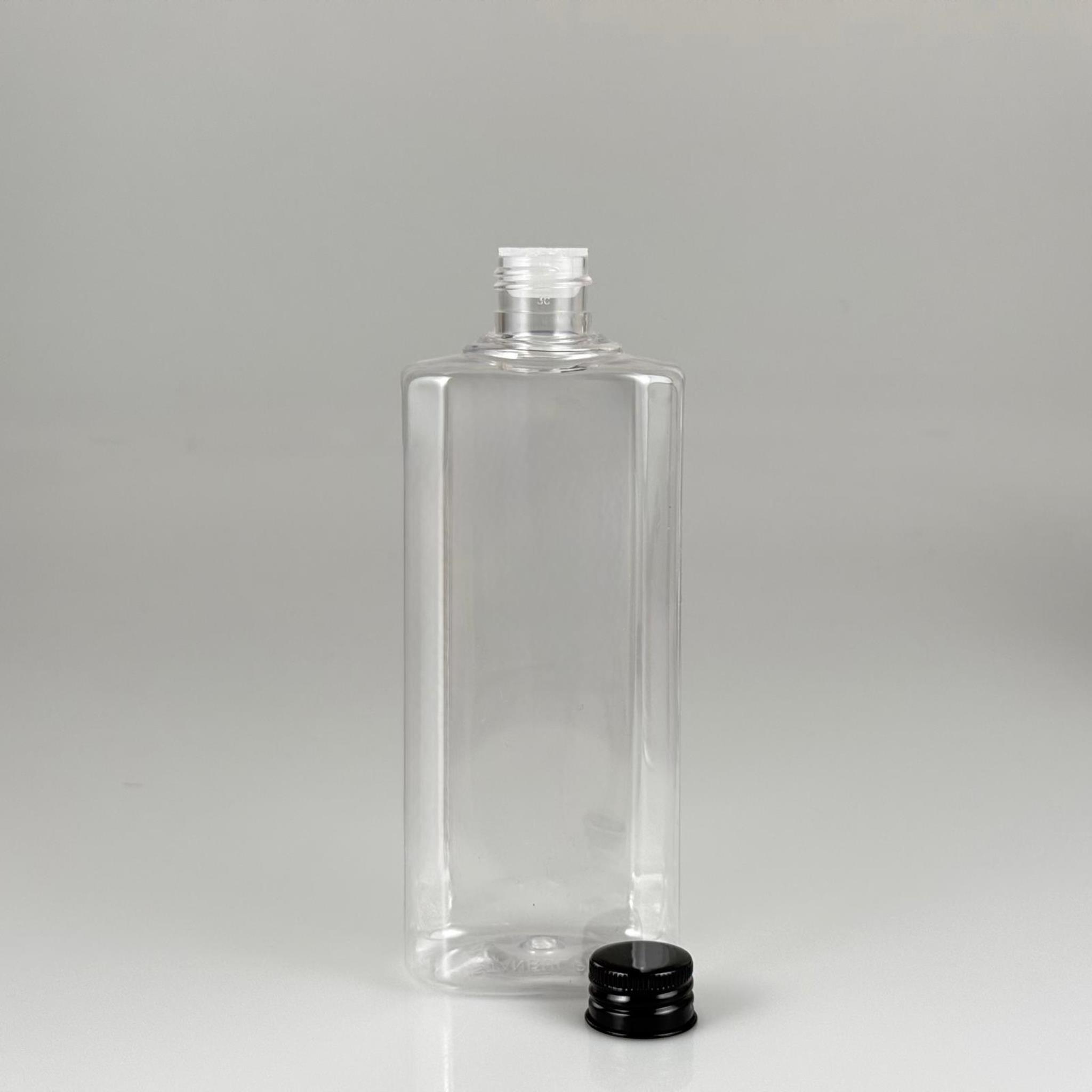 400 CC YASSI MODEL ŞEFFAF PET ŞİŞE (24 AĞIZ) + KÖPÜK CONTALI SİYAH METAL ALÜMİNYUM KAPAKLI + KOLONYA TIPALI TAKIM - 400 ML KAPAKLI PLASTİK ŞİŞELER