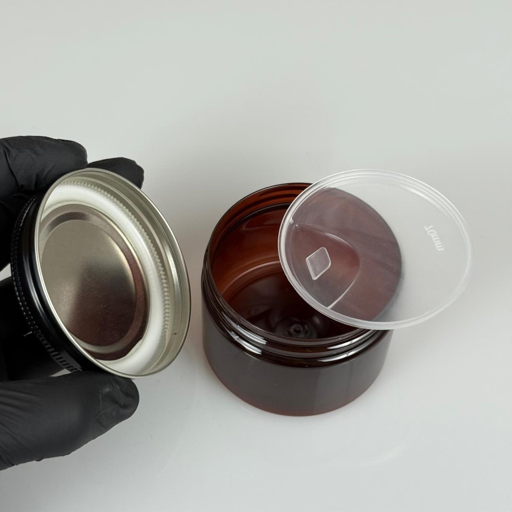 150 ML SERT PET KAVANOZ + SİYAH METAL KAPAK + İÇ TIPA - 150 CC KALIN AMBER PLASTİK KAVANOZ SİYAH METAL KAPAKLI İÇ TIPALI TAKIM - KREM KAVANOZLARI