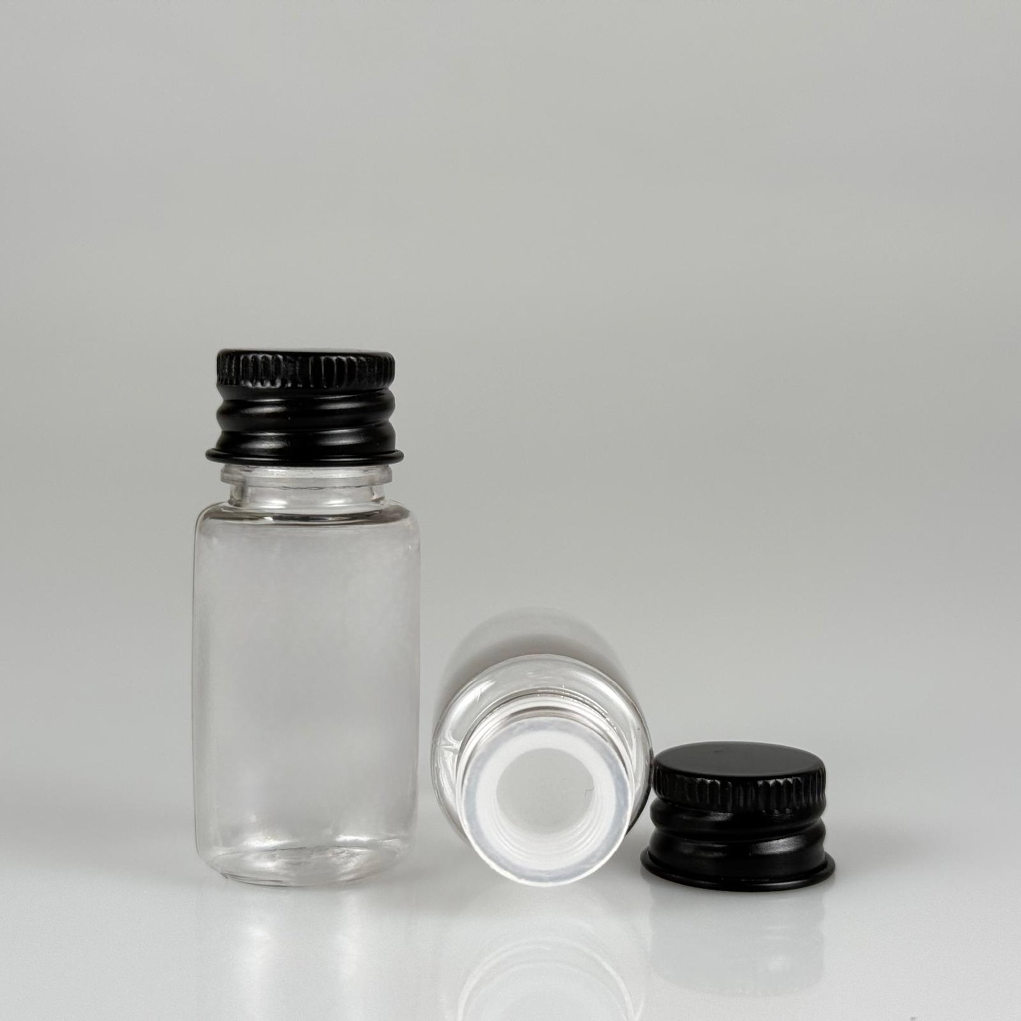 10 CC ŞEFFAF PET SHOT ŞİŞE - KÖPÜK CONTALI SİYAH ALÜMİNYUM METAL KAPAKLI + KÖR TIPALI TAKIM - 10 ML PLASTİK ŞİŞE