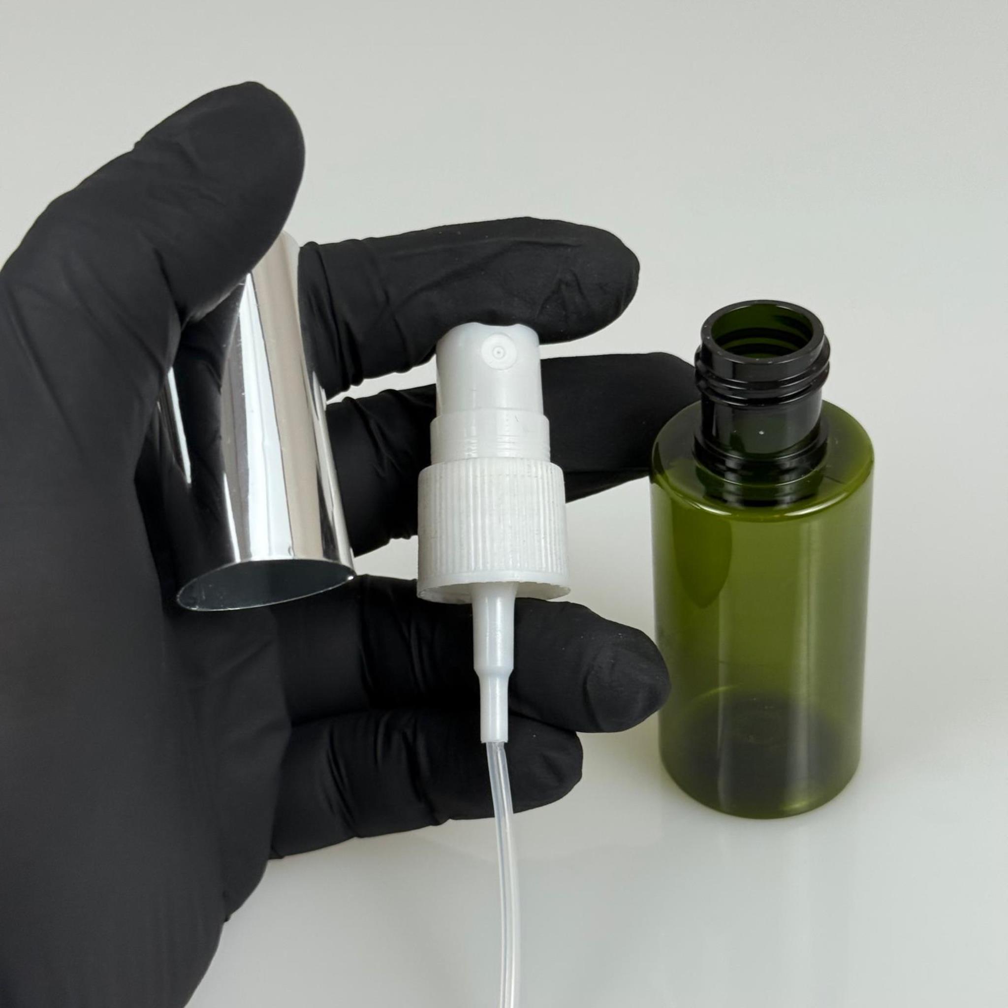 35 ML PET KOLONYA, PARFÜM VB ŞİŞELERİ - METAL ALÜMİNYUM GÜMÜŞ KAPAK + VİDALI SPREY + 35 CC YEŞİL ŞİŞE SET TAKIM