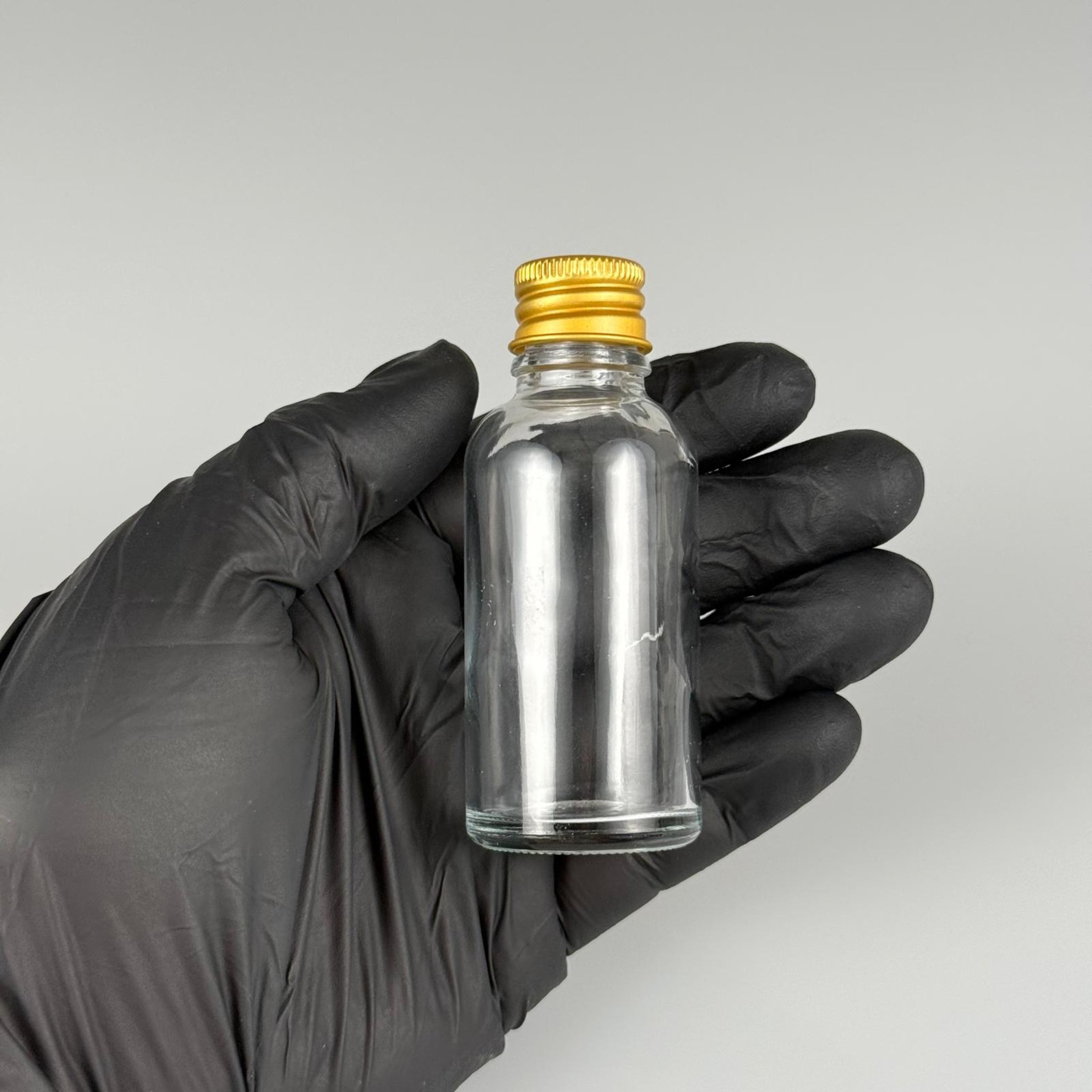 30 CC ŞEFFAF CAM ŞİŞE + KÖPÜK CONTALI GOLD ALÜMİNYUM METAL KAPAKLI + KÖR TIPALI TAKIM - 30 ML ŞEFFAF CAM ŞİŞE