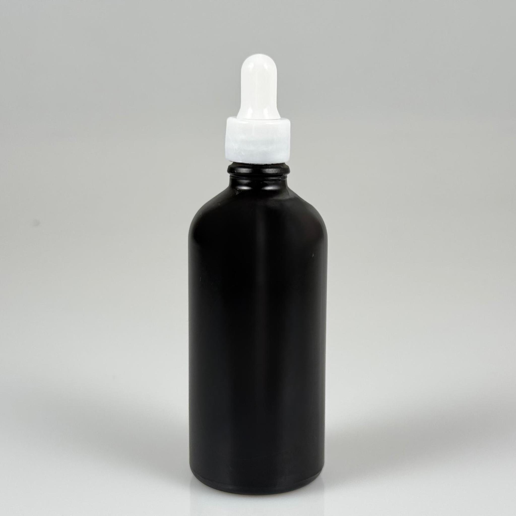 100 CC MAT SİYAH CAM DAMLALIKLI ŞİŞE - BEYAZ EMZİK + BEYAZ DÜZ KAPAK + CAM PİPET TAKIM - 100 ML MAT SİYAH DAMLALIKLI ŞİŞE SETİ