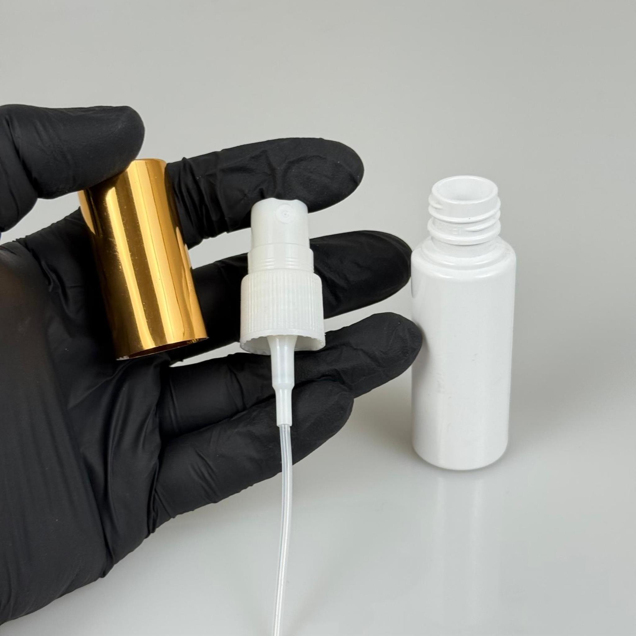 30 ML PET KOLONYA, PARFÜM VB ŞİŞELERİ - METAL ALÜMİNYUM GOLD KAPAK + VİDALI SPREY + 30 CC BEYAZ SHOT ŞİŞE SET TAKIM