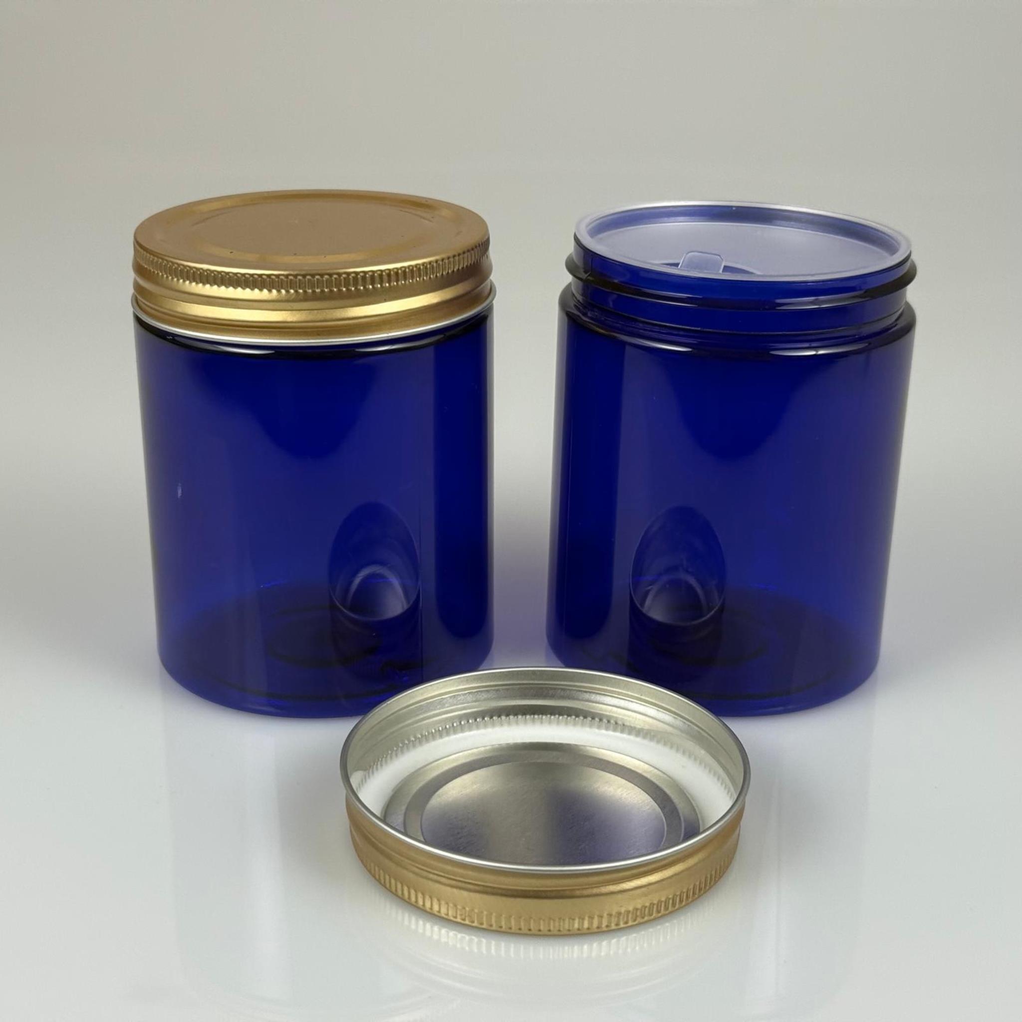 300 ML SERT PET KAVANOZ + GOLD METAL KAPAK + İÇ TIPA - 300 CC KALIN MAVİ PLASTİK KAVANOZ GOLD METAL KAPAKLI İÇ TIPALI TAKIM - KREM KAVANOZLARI