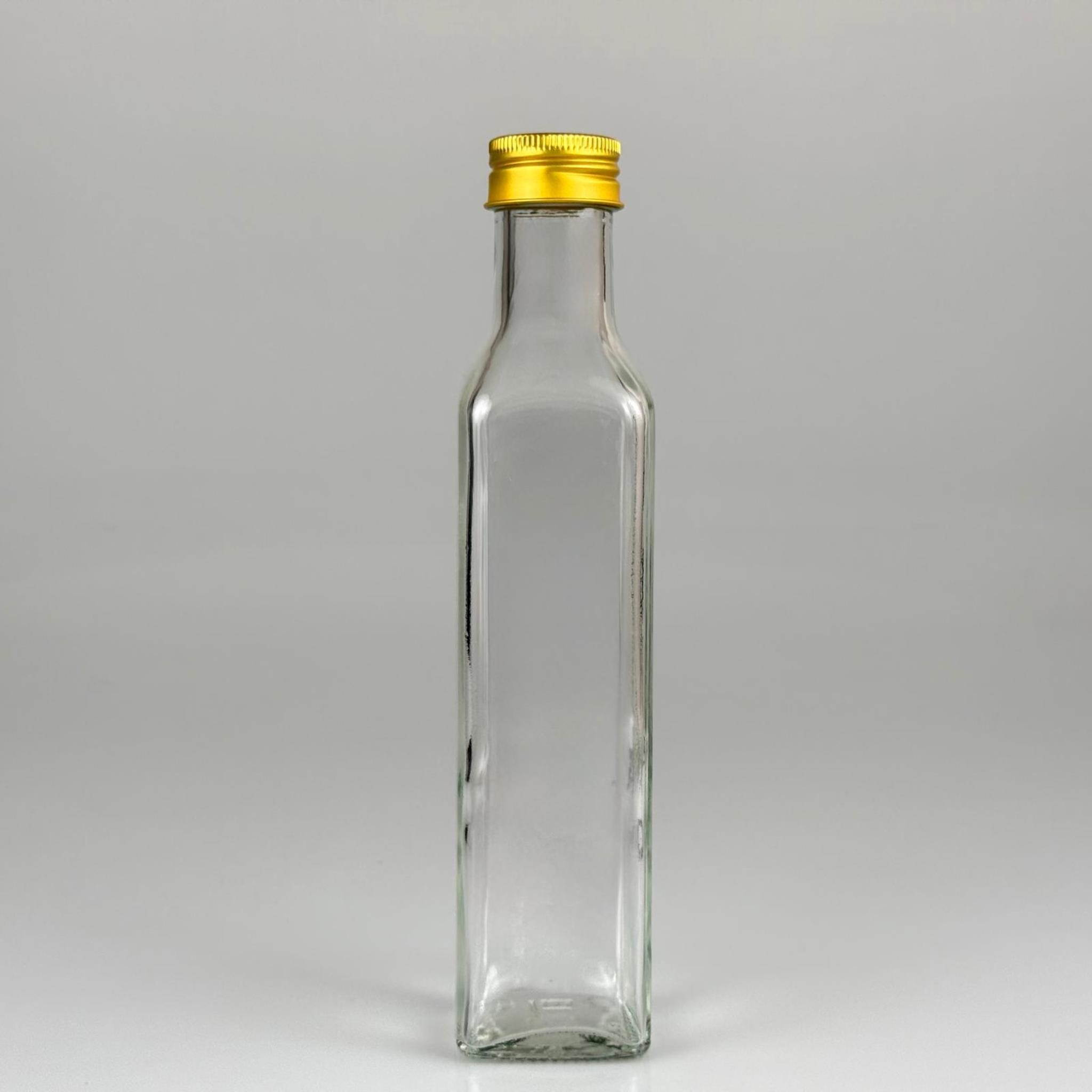 250 CC MARASKA CAM ŞİŞE - GOLD METAL ALÜMİNYUM KAPAKLI - 250 ML KÖŞELİ YAĞ ŞİŞESİ - SİRKE ŞİŞESİ