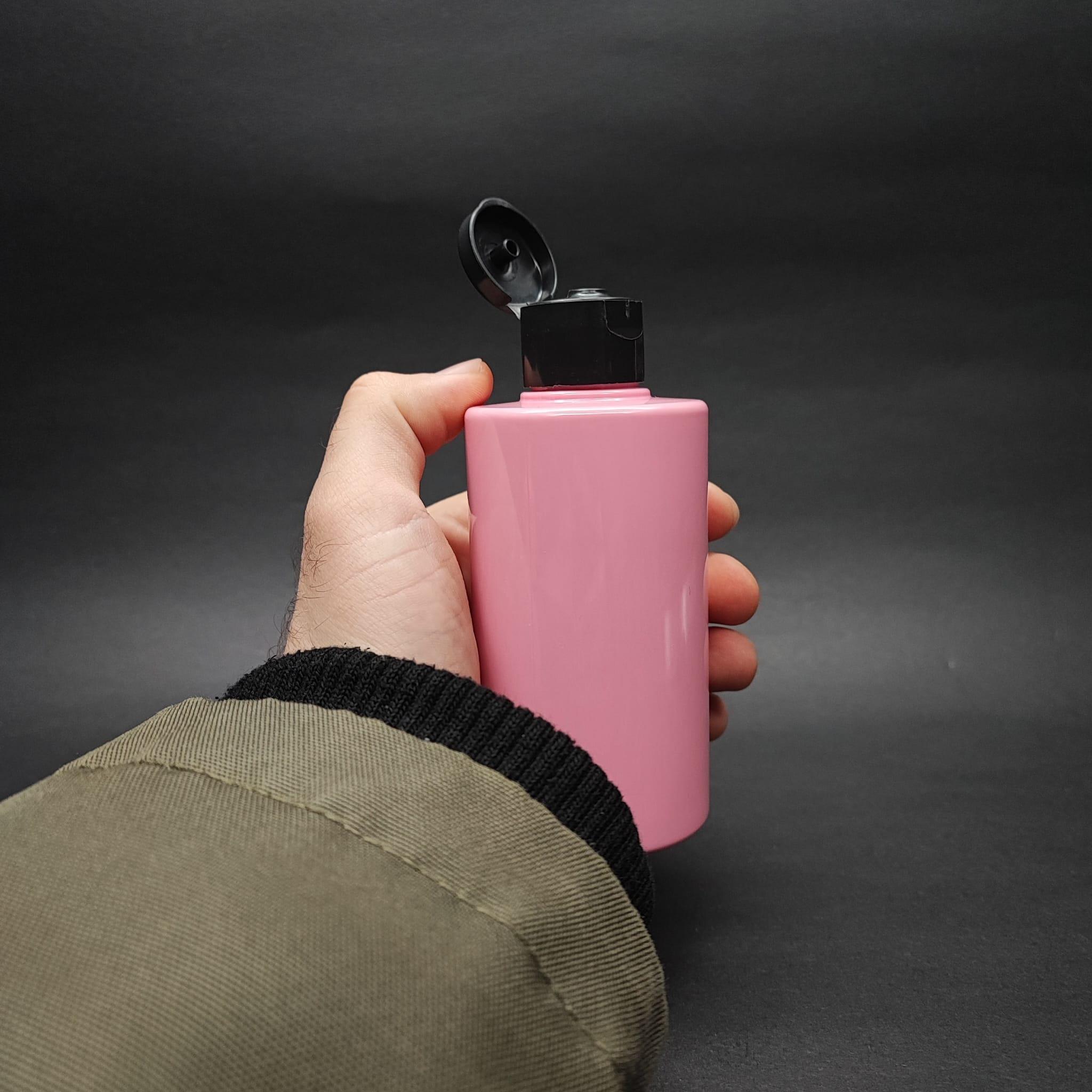 200 CC KÜT BOYUNLU SİLİNDİR PET ŞİŞE (24 GR) - SİYAH FLİPTOP KAPAKLI - 200 ML PLASTİK ŞİŞE - PEMBE